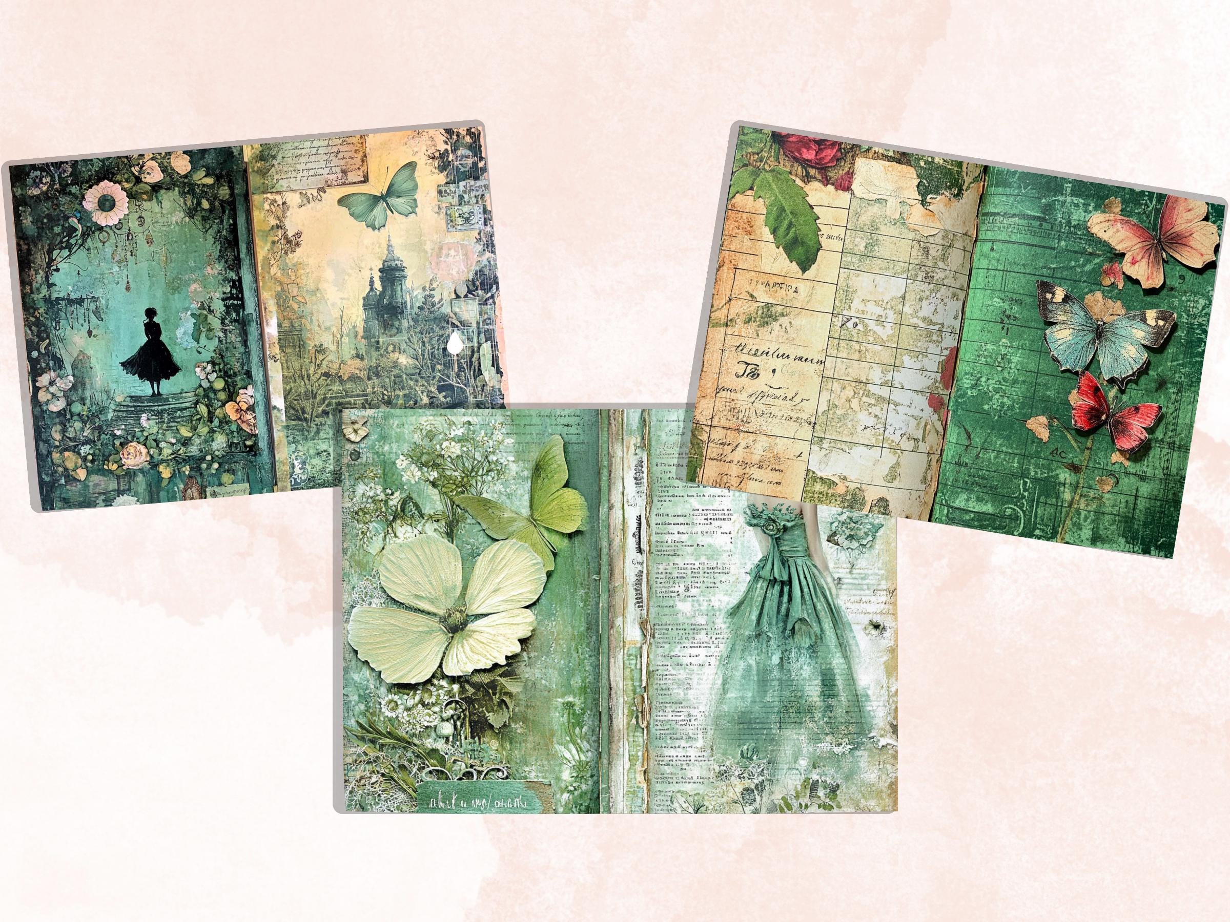 Green Junk Journal Kit, Green Pages Ephemera, Whimsical Collage Sheet, Pastel Cute Scrapbook Paper, Mixed Media ATC Card, Green Background