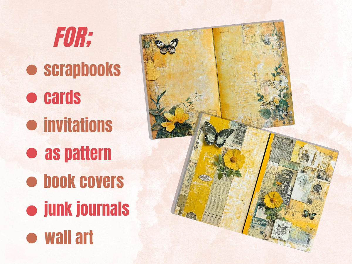 Yellow Junk Journal Kit, Yellow Pages Ephemera, Whimsical Collage Sheet, Pastel Scrapbook Paper, Mixed Media ATC Card, Yellow Background