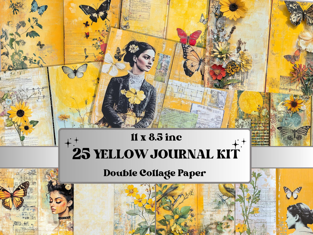 Yellow Junk Journal Kit, Yellow Pages Ephemera, Whimsical Collage Sheet, Pastel Scrapbook Paper, Mixed Media ATC Card, Yellow Background