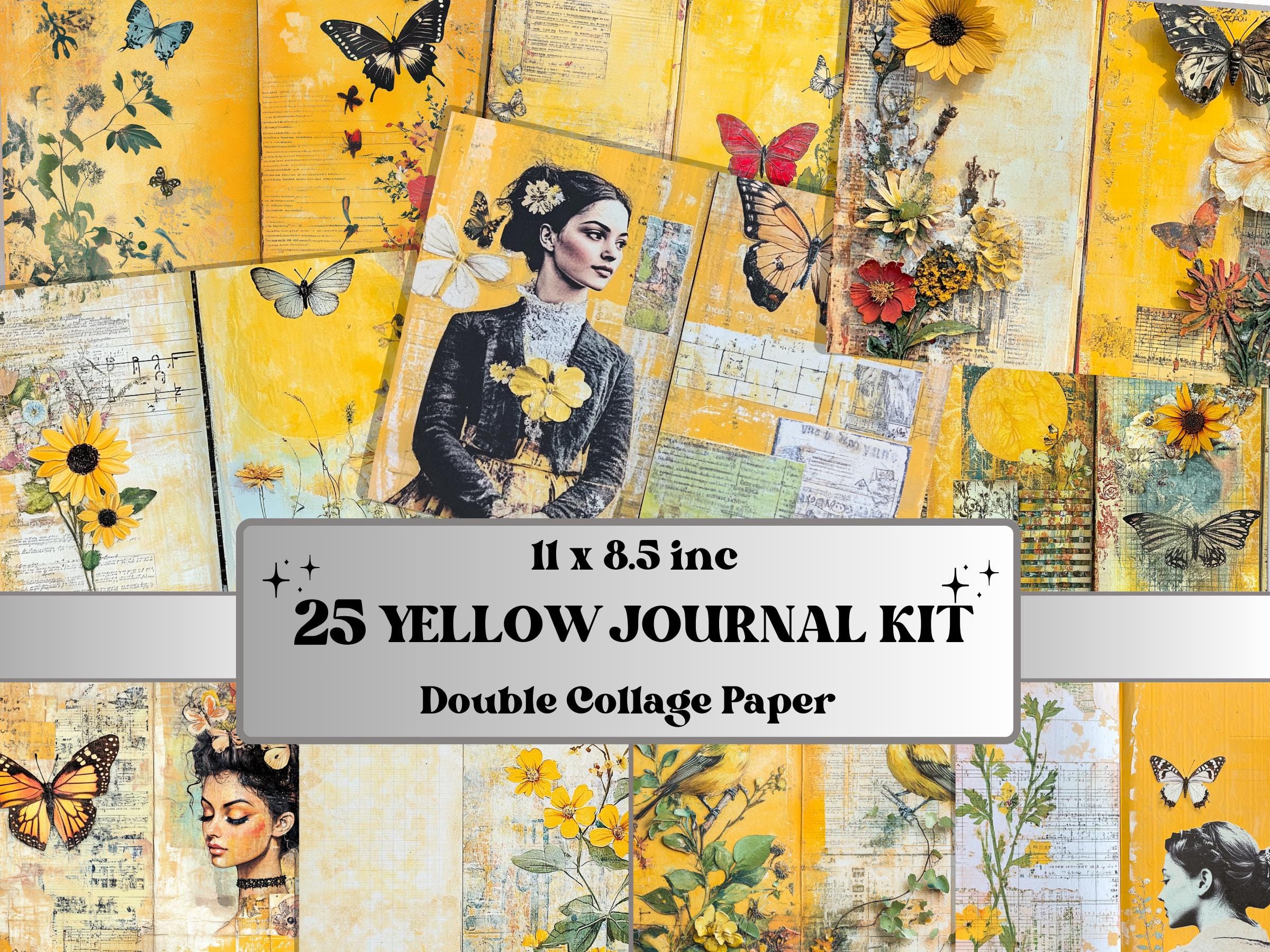 Yellow Junk Journal Kit, Yellow Pages Ephemera, Whimsical Collage Sheet, Pastel Scrapbook Paper, Mixed Media ATC Card, Yellow Background