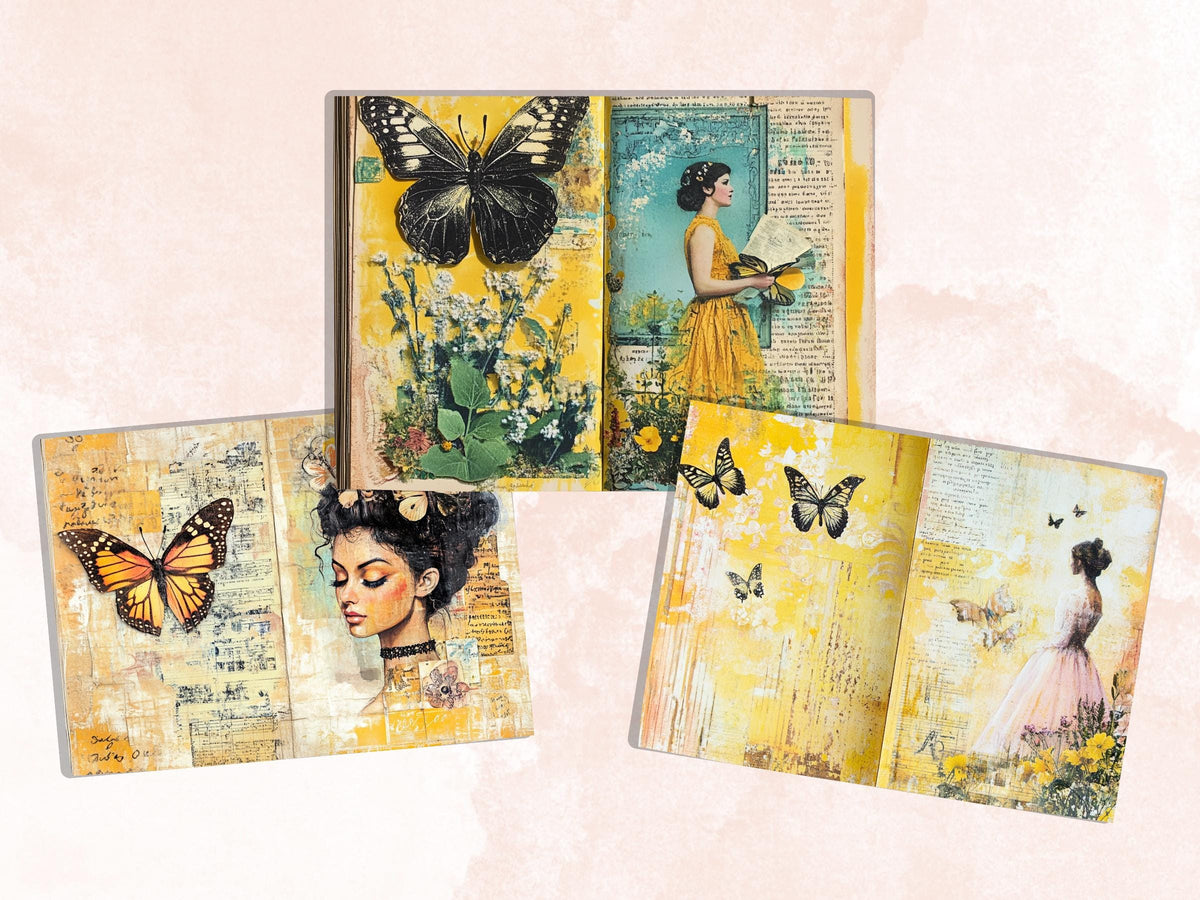 Yellow Junk Journal Kit, Yellow Pages Ephemera, Whimsical Collage Sheet, Pastel Scrapbook Paper, Mixed Media ATC Card, Yellow Background