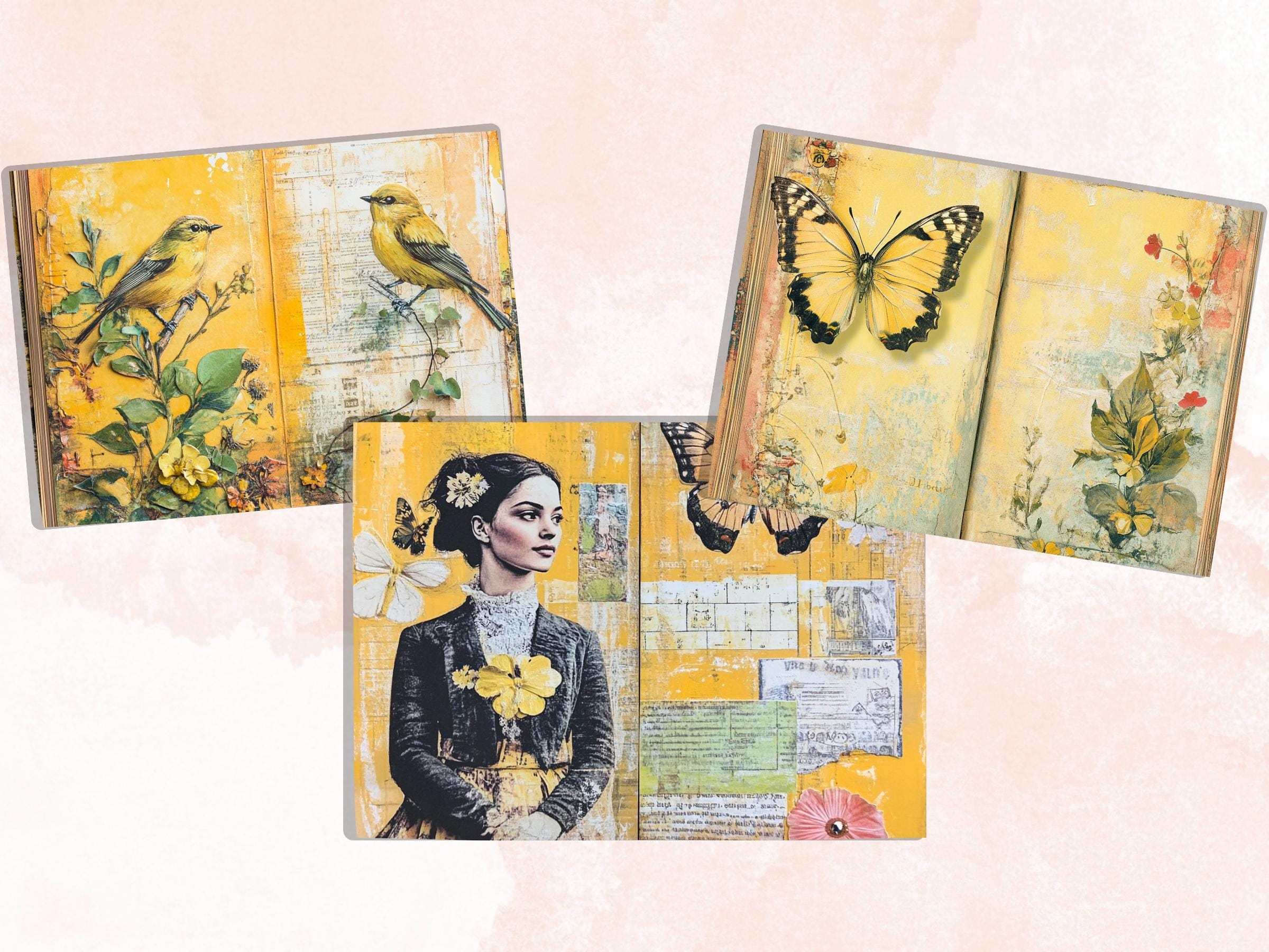 Yellow Junk Journal Kit, Yellow Pages Ephemera, Whimsical Collage Sheet, Pastel Scrapbook Paper, Mixed Media ATC Card, Yellow Background