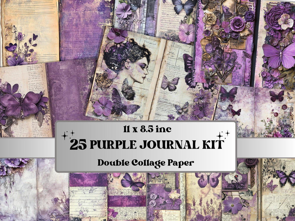 Purple Junk Journal Kit, Purple Pages Ephemera, Whimsical Collage Sheet, Pastel Scrapbook Paper, Mixed Media ATC Card, Purple Background