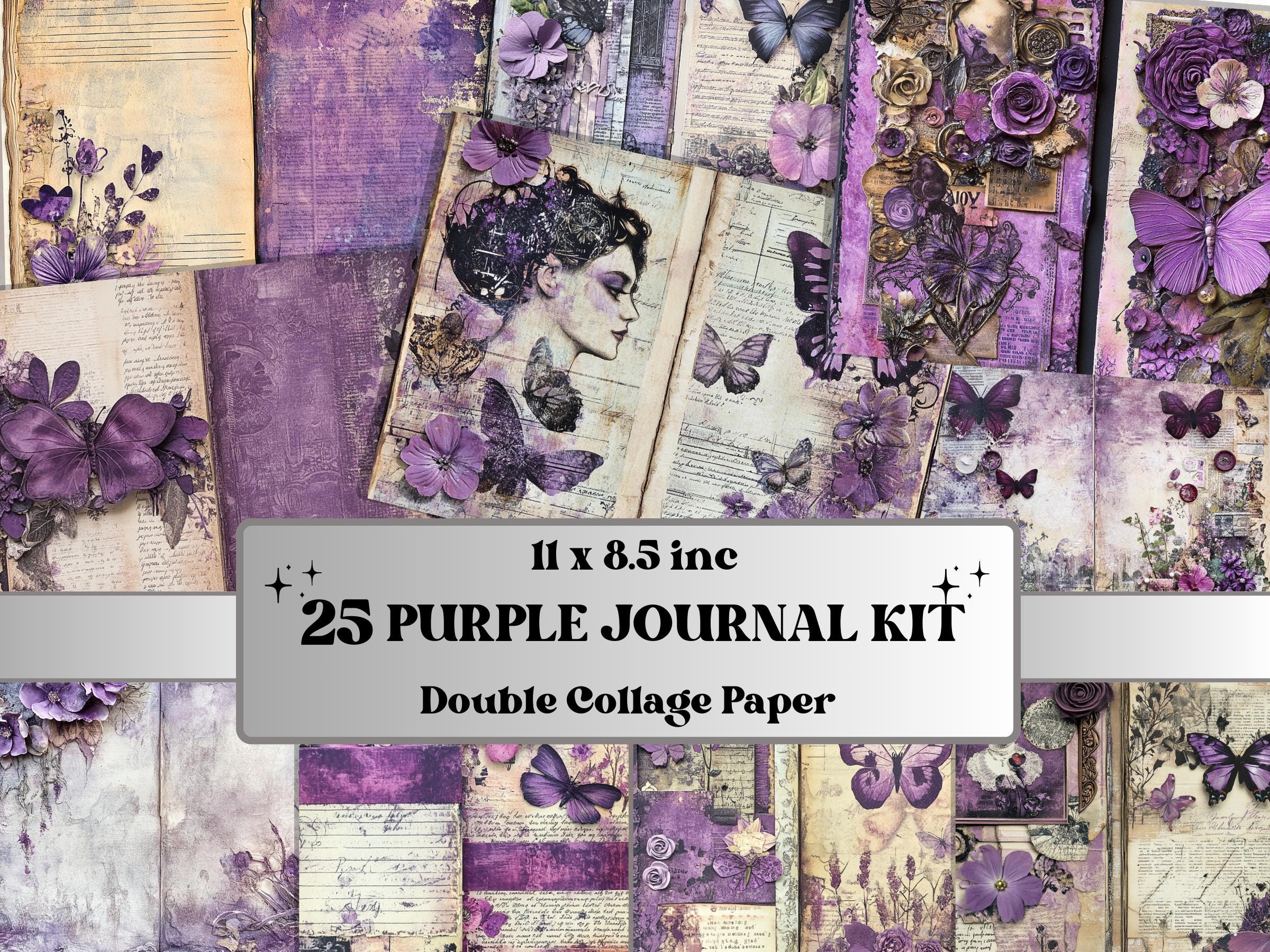 Purple Junk Journal Kit, Purple Pages Ephemera, Whimsical Collage Sheet, Pastel Scrapbook Paper, Mixed Media ATC Card, Purple Background