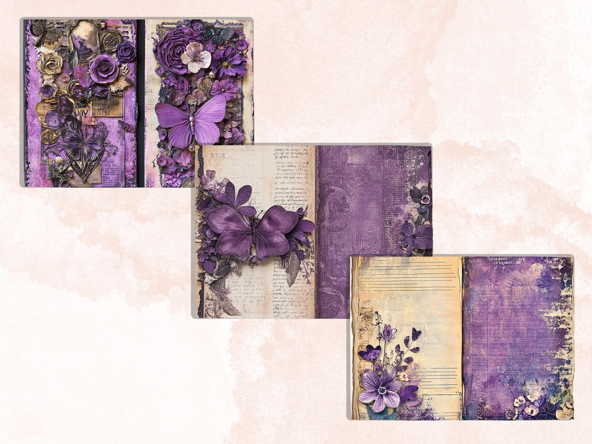 Purple Junk Journal Kit, Purple Pages Ephemera, Whimsical Collage Sheet, Pastel Scrapbook Paper, Mixed Media ATC Card, Purple Background