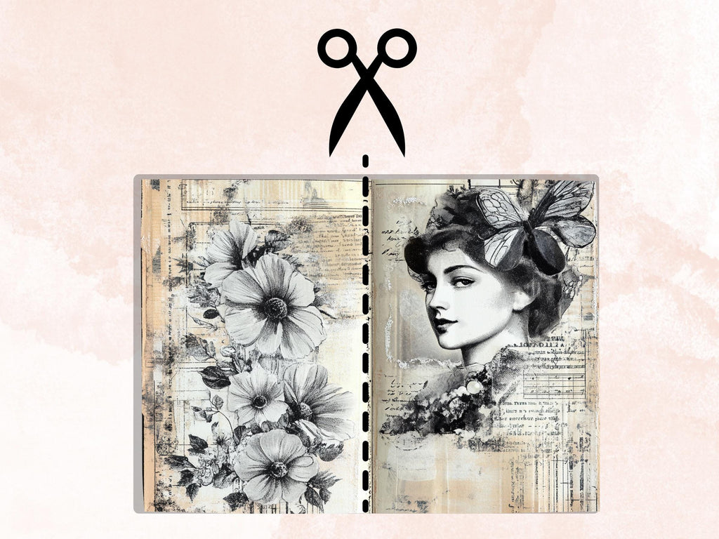 Black and White Junk Journal Kit, Old Pages Ephemera, Whimsical Collage Sheet, B&W Scrapbook Paper, Mixed Media ATC Card, BW Background