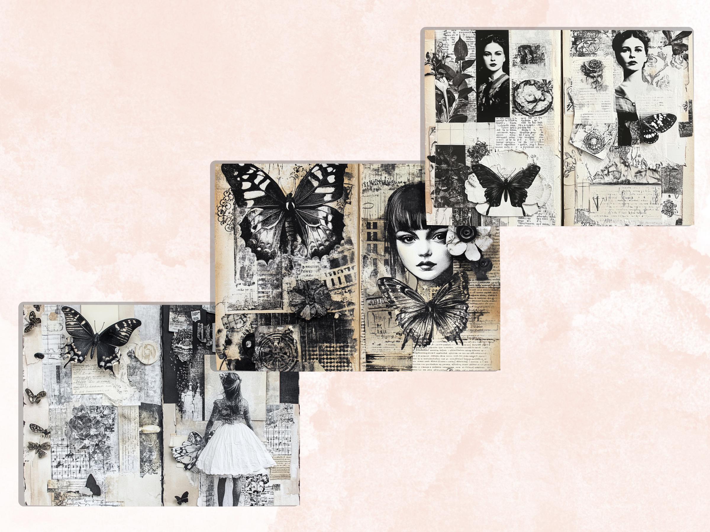 Black and White Junk Journal Kit, Old Pages Ephemera, Whimsical Collage Sheet, B&W Scrapbook Paper, Mixed Media ATC Card, BW Background