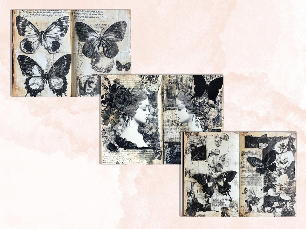 Black and White Junk Journal Kit, Old Pages Ephemera, Whimsical Collage Sheet, B&W Scrapbook Paper, Mixed Media ATC Card, BW Background