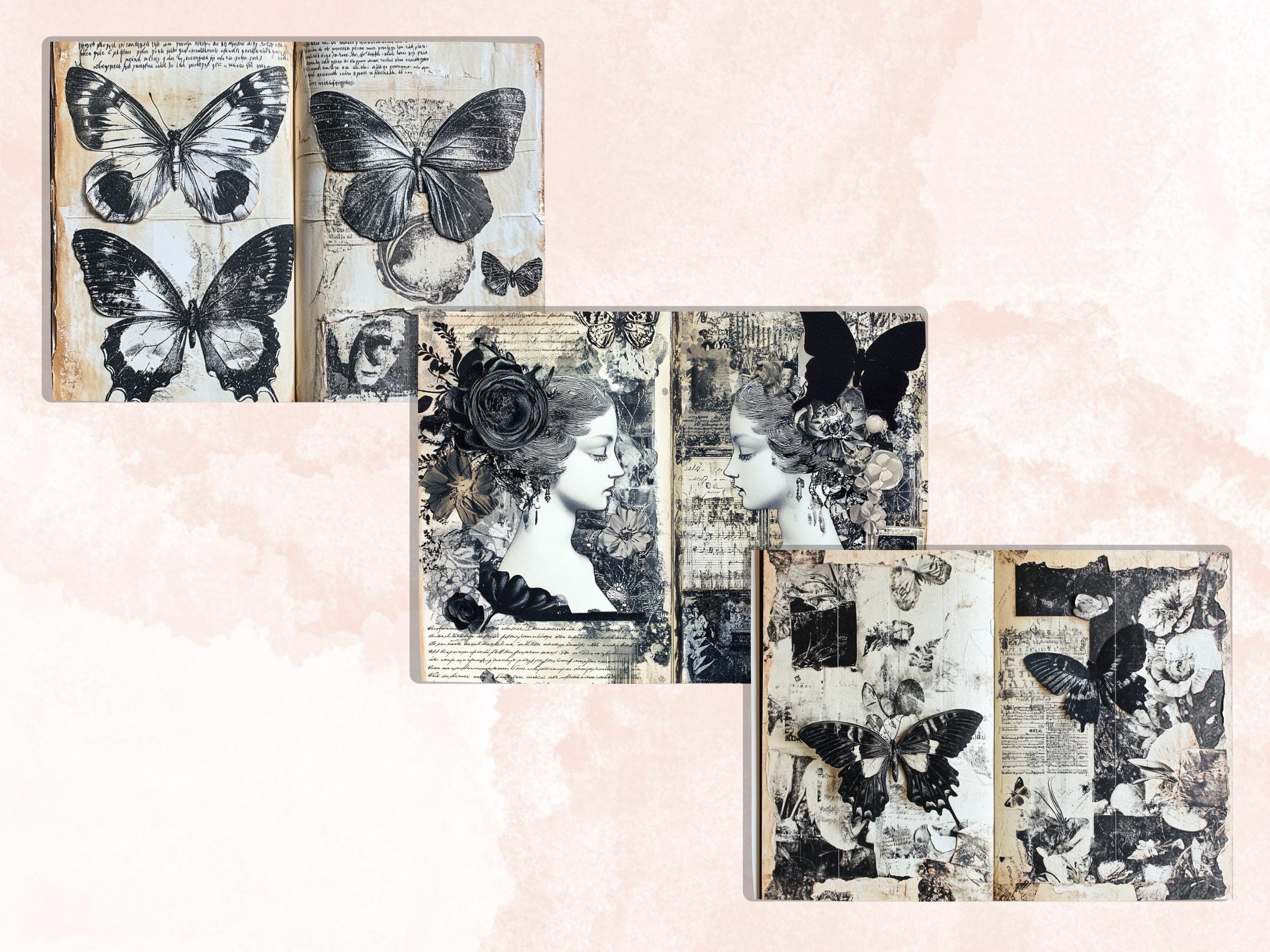 Black and White Junk Journal Kit, Old Pages Ephemera, Whimsical Collage Sheet, B&W Scrapbook Paper, Mixed Media ATC Card, BW Background