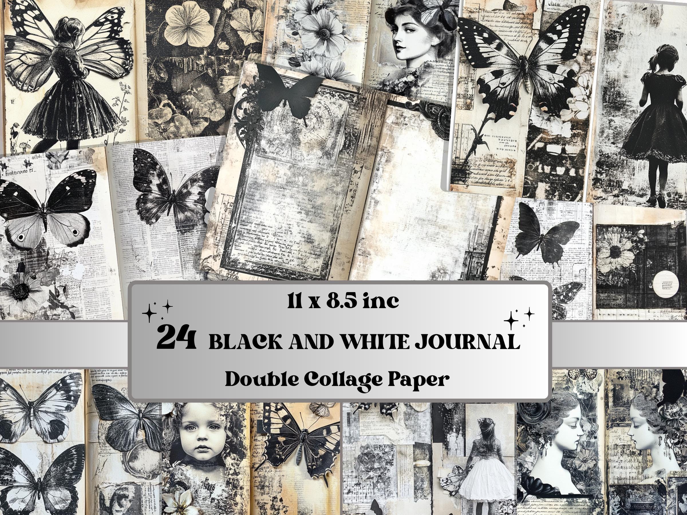 Black and White Junk Journal Kit, Old Pages Ephemera, Whimsical Collage Sheet, B&W Scrapbook Paper, Mixed Media ATC Card, BW Background
