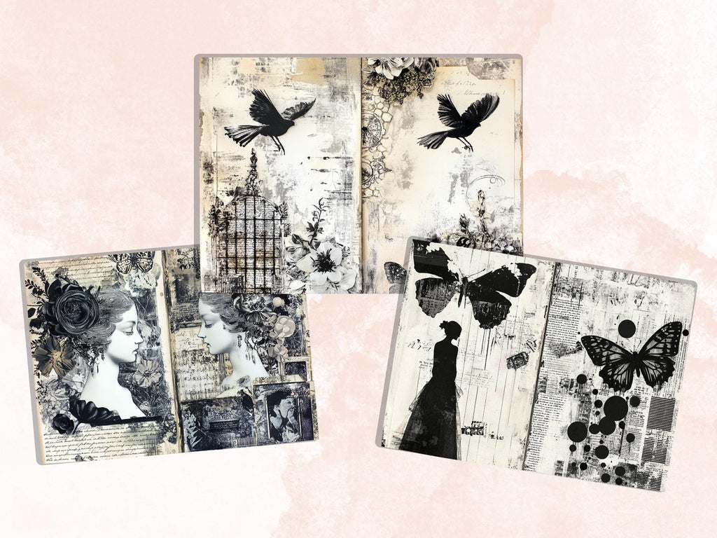 Black and White Junk Journal Kit, Old Pages Ephemera, Whimsical Collage Sheet, B&W Scrapbook Paper, Mixed Media ATC Card, BW Background