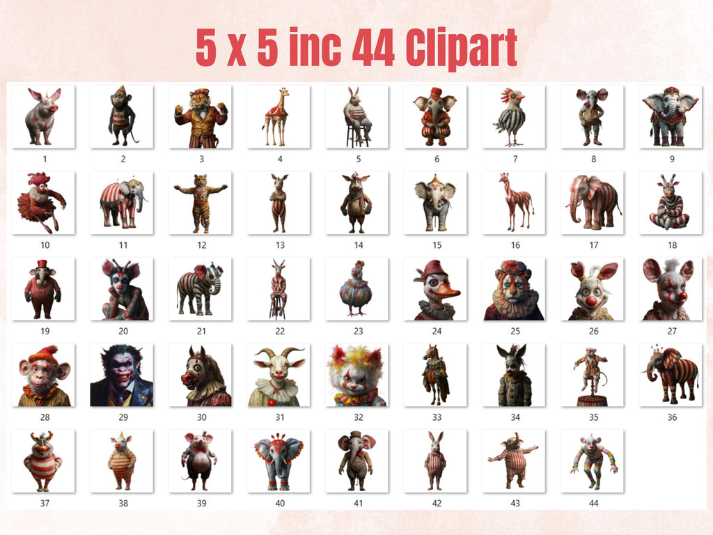 Whimsy Circus Collage Elements Kit, Whimsical Circus Characters, Quirky Circus Animals Clipart, Junk Journal Clipart + Background Bundle