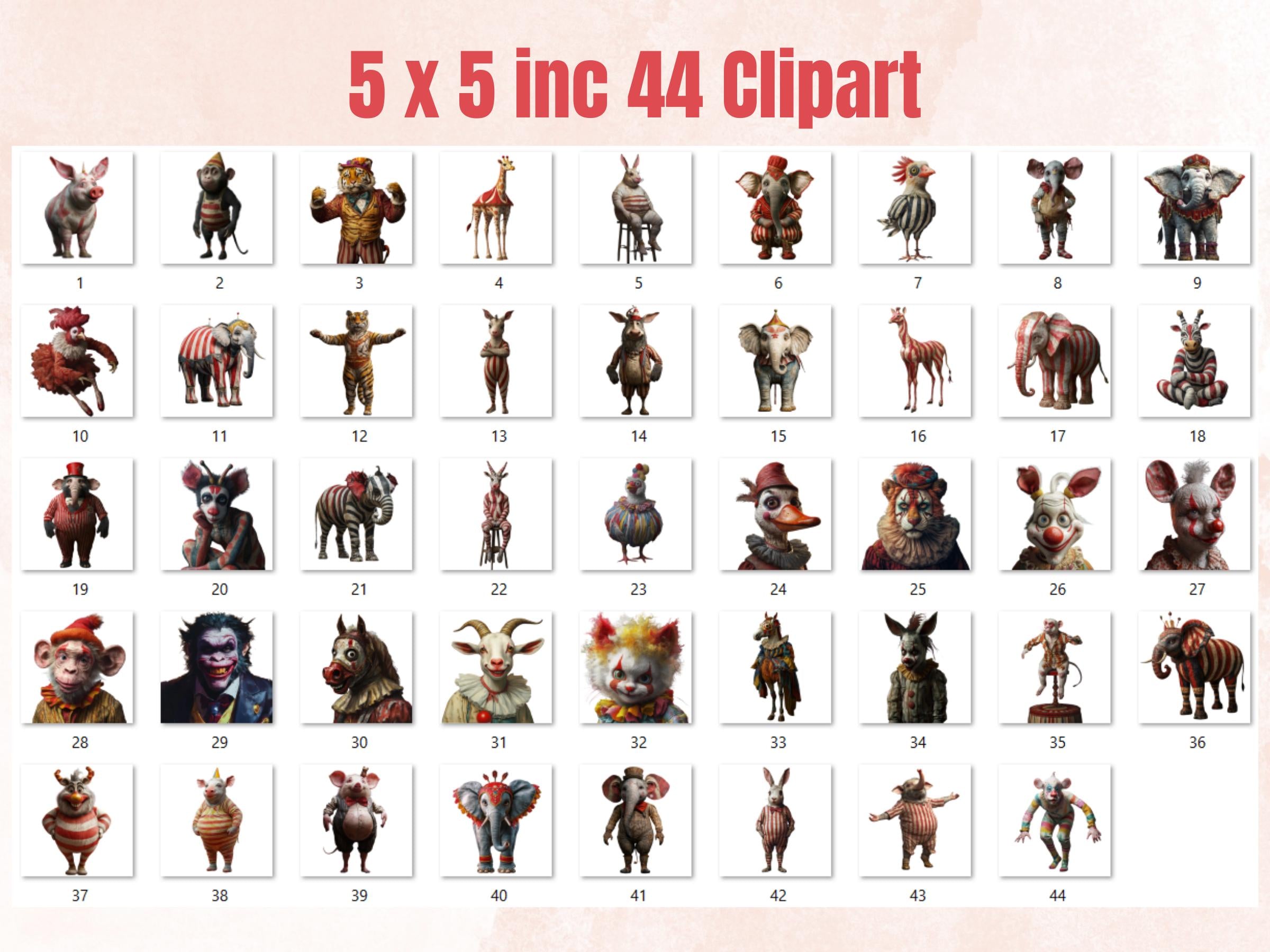 Whimsy Circus Collage Elements Kit, Whimsical Circus Characters, Quirky Circus Animals Clipart, Junk Journal Clipart + Background Bundle