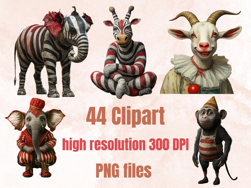 Whimsy Circus Collage Elements Kit, Whimsical Circus Characters, Quirky Circus Animals Clipart, Junk Journal Clipart + Background Bundle