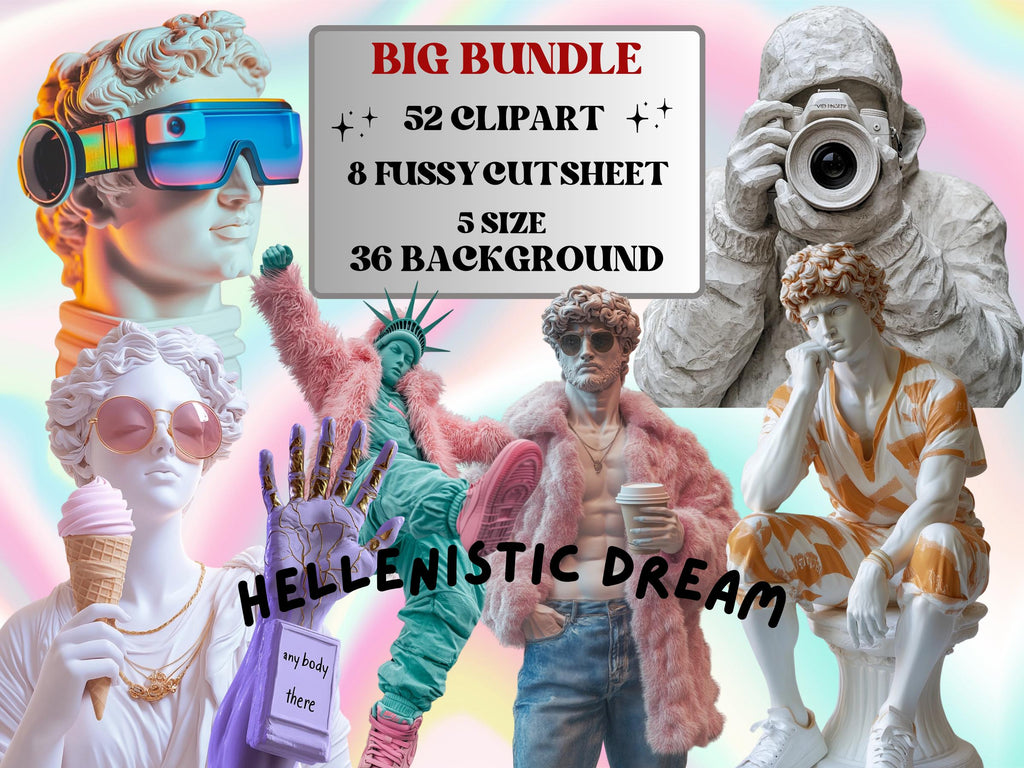 Hellenistic Dream Collage Elements Kit, Whimsy Antique Statue Clipart, Whimsical Surreal Fussy Cut, Junk Journal Clipart + Background Bundle