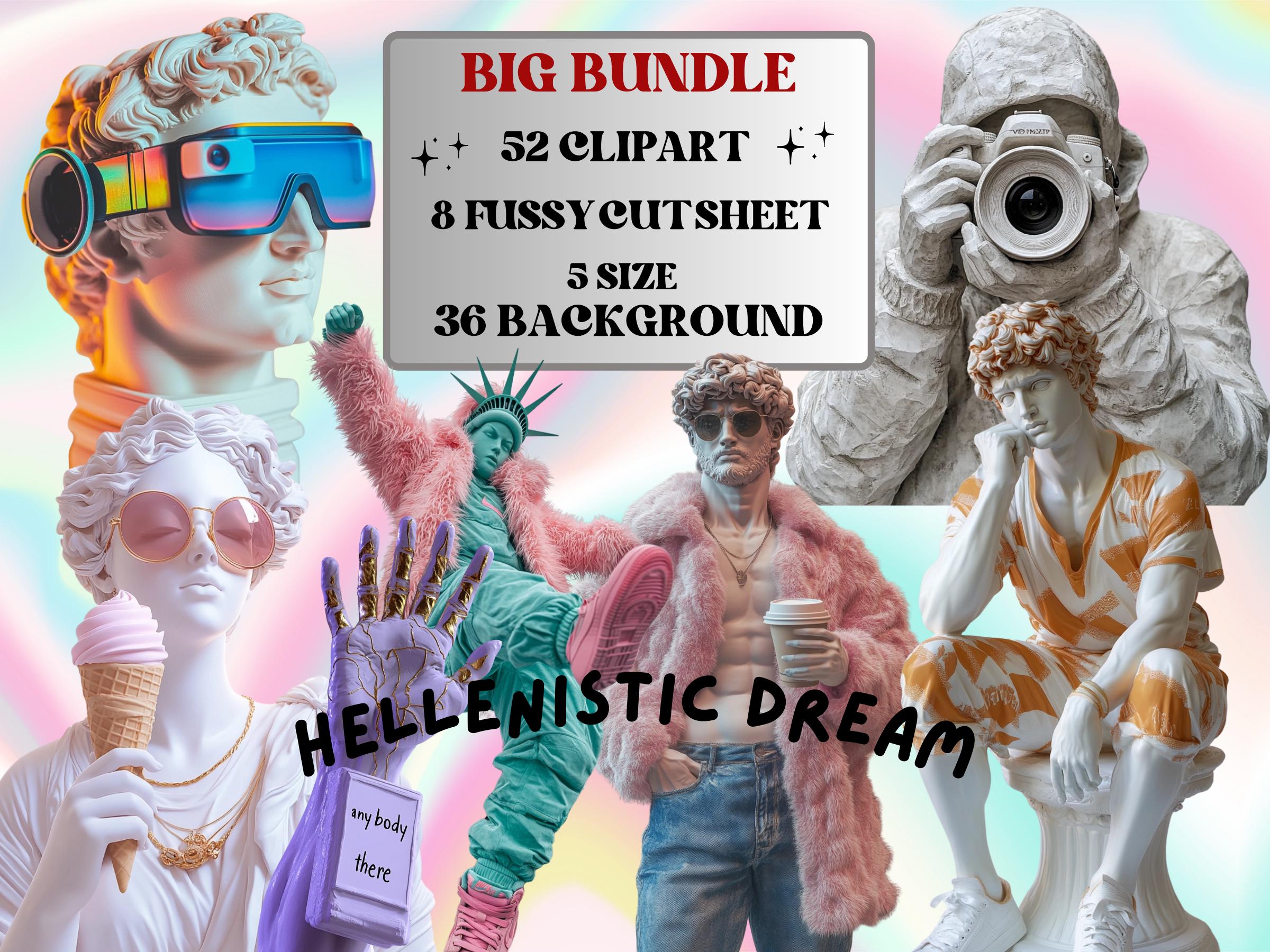 Hellenistic Dream Collage Elements Kit, Whimsy Antique Statue Clipart, Whimsical Surreal Fussy Cut, Junk Journal Clipart + Background Bundle