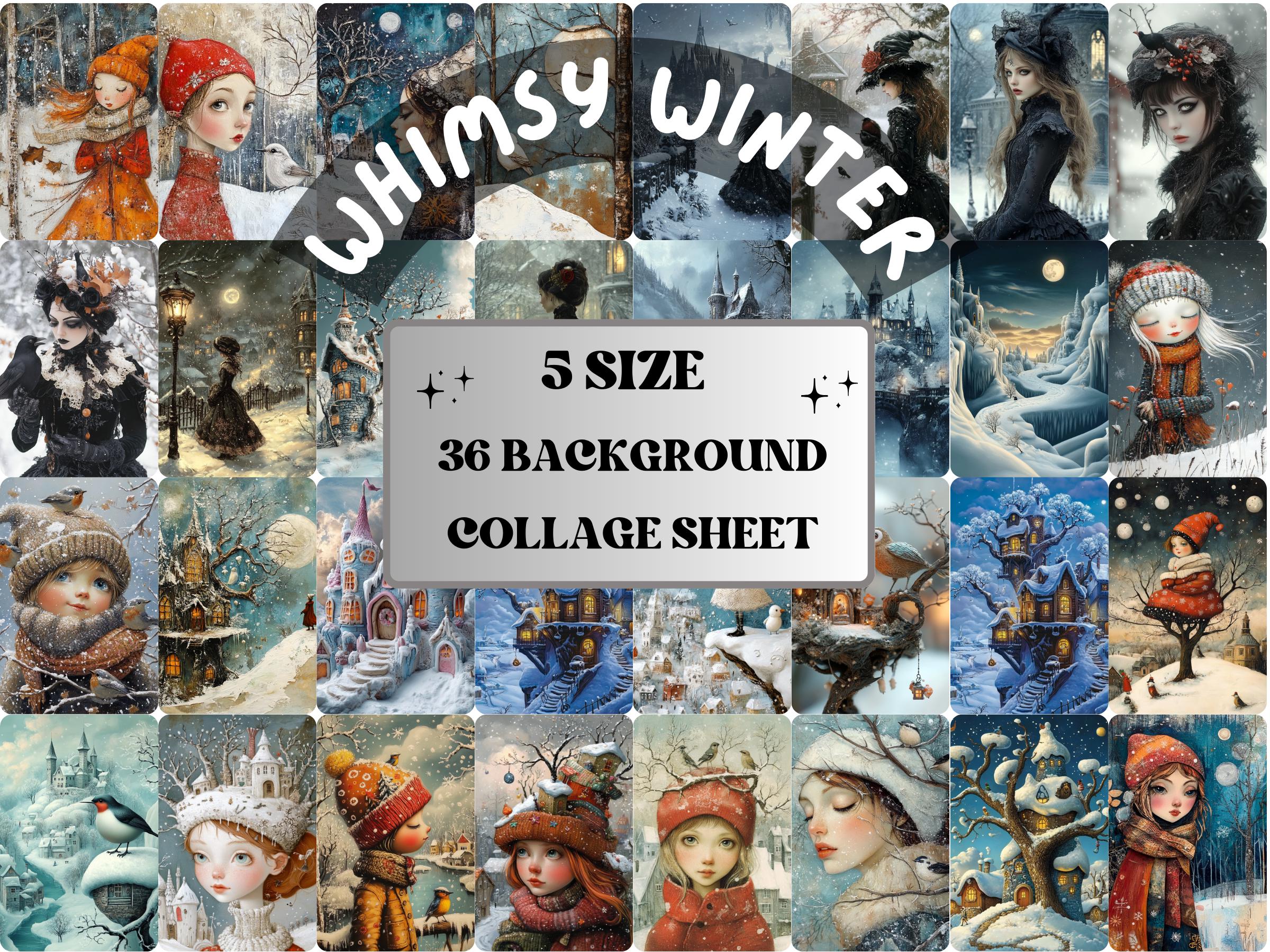 Whimsy Winter Collage Paper Kit, Surreal Winter Mixed Media Art Sheet, Whimsical Snowy Ephemera Images, Quirky Junk Journal, Scrapbook Paper