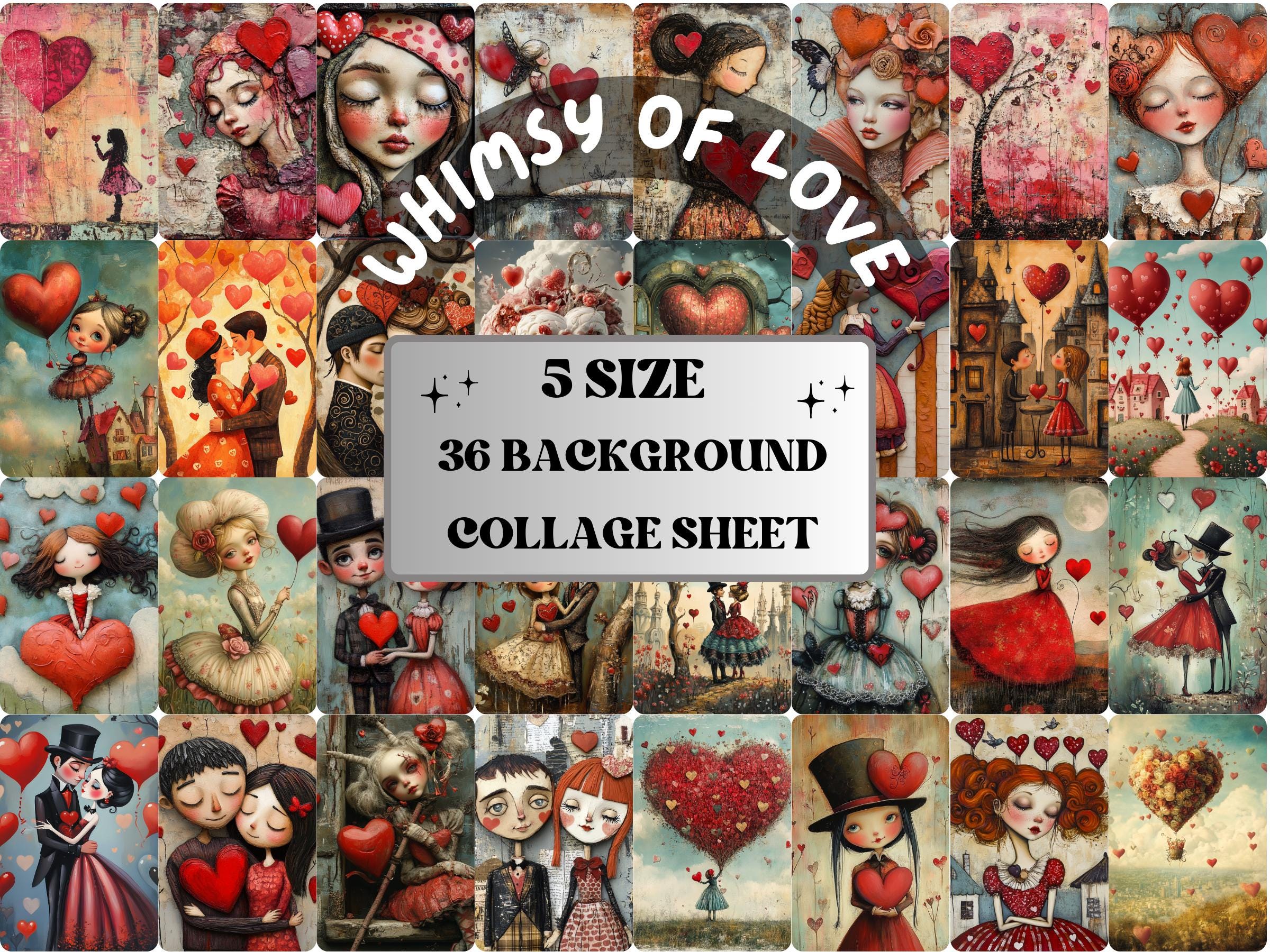 Whimsy of Love Collage Paper Kit, Valentines Day Mixed Media Art, Whimsical Romantic Ephemera Images, Surreal Junk Journal, Scrapbook Paper
