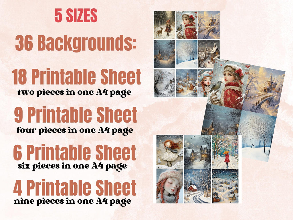 Whimsy Snowy Day Collage Paper Kit, Surreal Winter Mixed Media Sheet, Whimsical Snowy Ephemera Images, Quirky Junk Journal, Scrapbook Paper