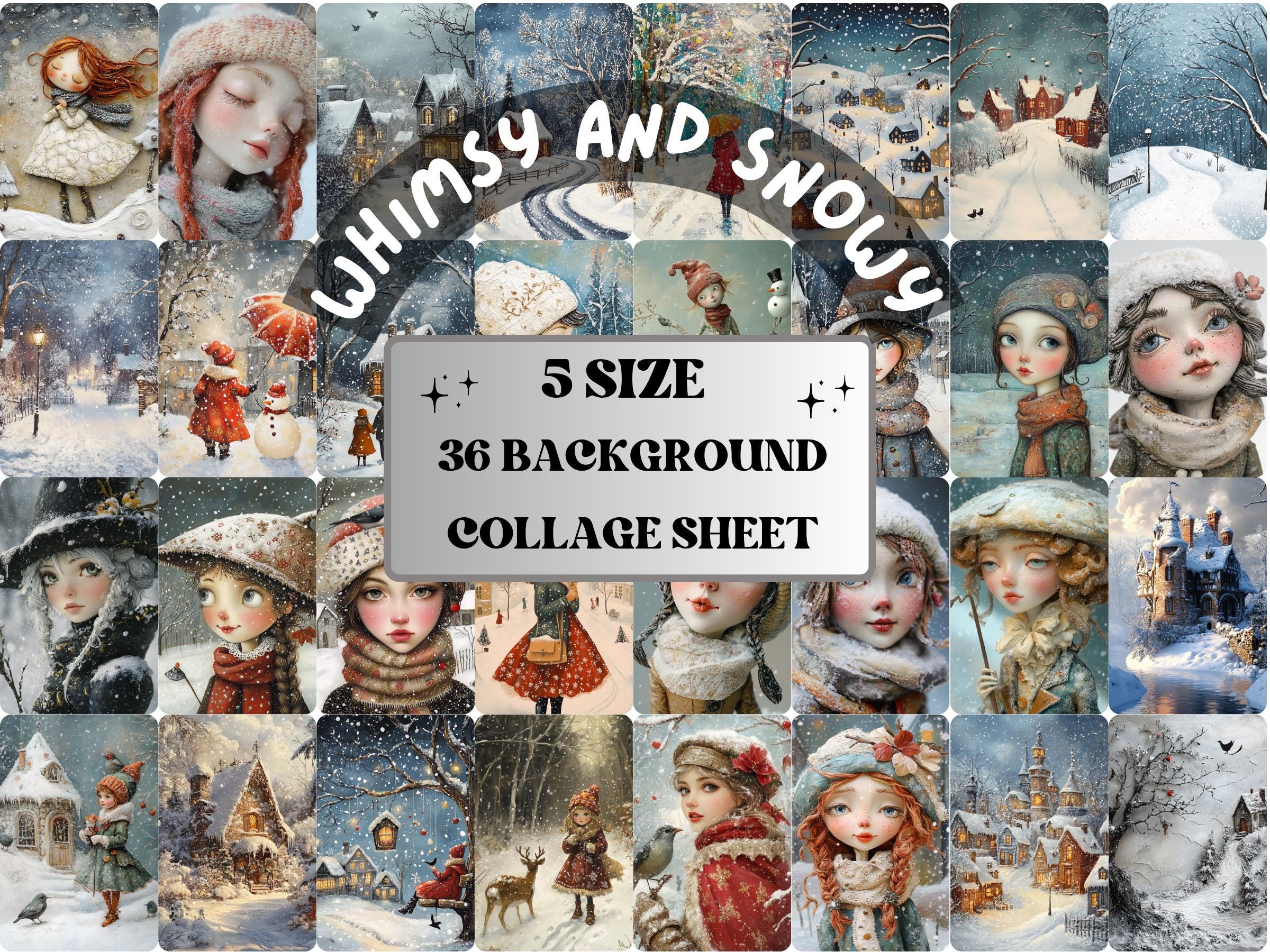 Whimsy Snowy Day Collage Paper Kit, Surreal Winter Mixed Media Sheet, Whimsical Snowy Ephemera Images, Quirky Junk Journal, Scrapbook Paper
