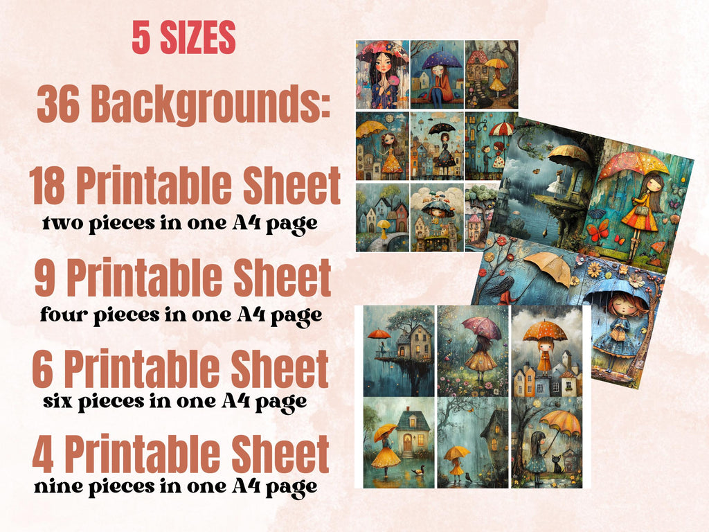 Whimsy Rainy Day Collage Paper Kit, Surreal Rainy Mixed Media Sheet, Whimsical Rain Ephemera Images, Quirky Junk Journal, Scrapbook Paper