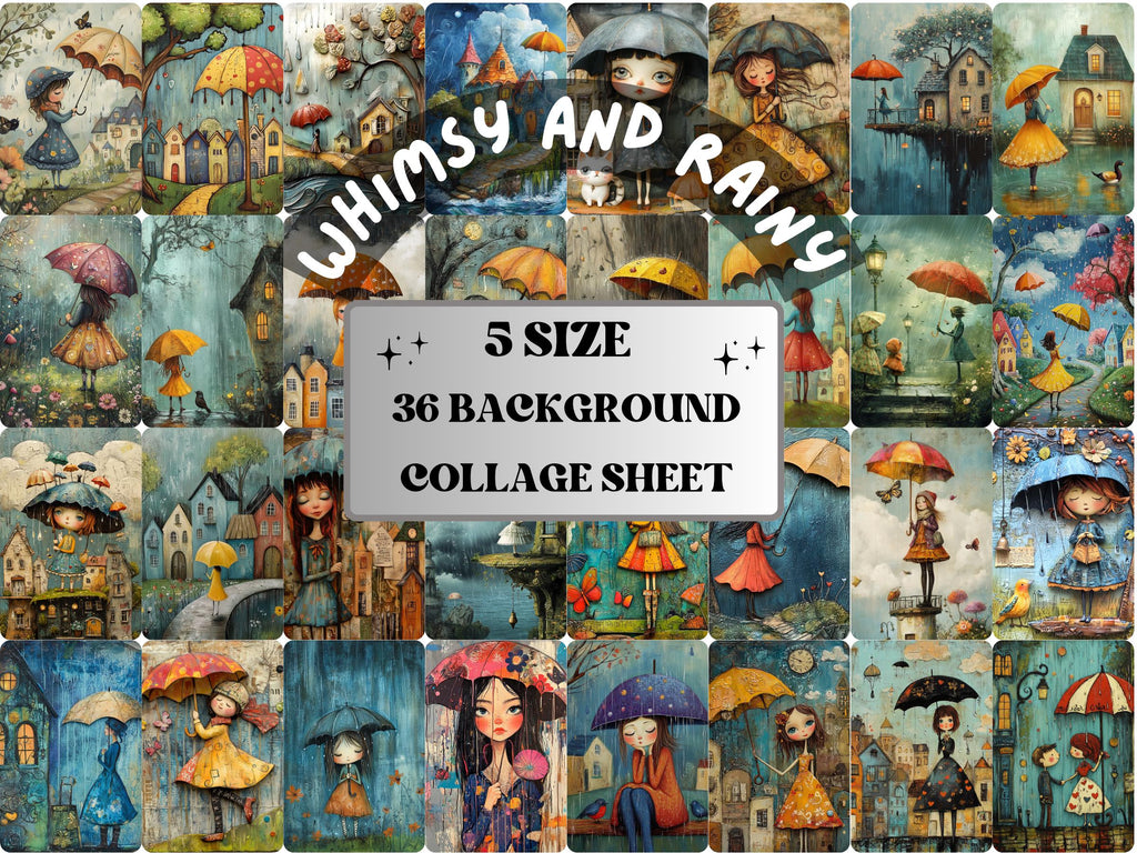 Whimsy Rainy Day Collage Paper Kit, Surreal Rainy Mixed Media Sheet, Whimsical Rain Ephemera Images, Quirky Junk Journal, Scrapbook Paper