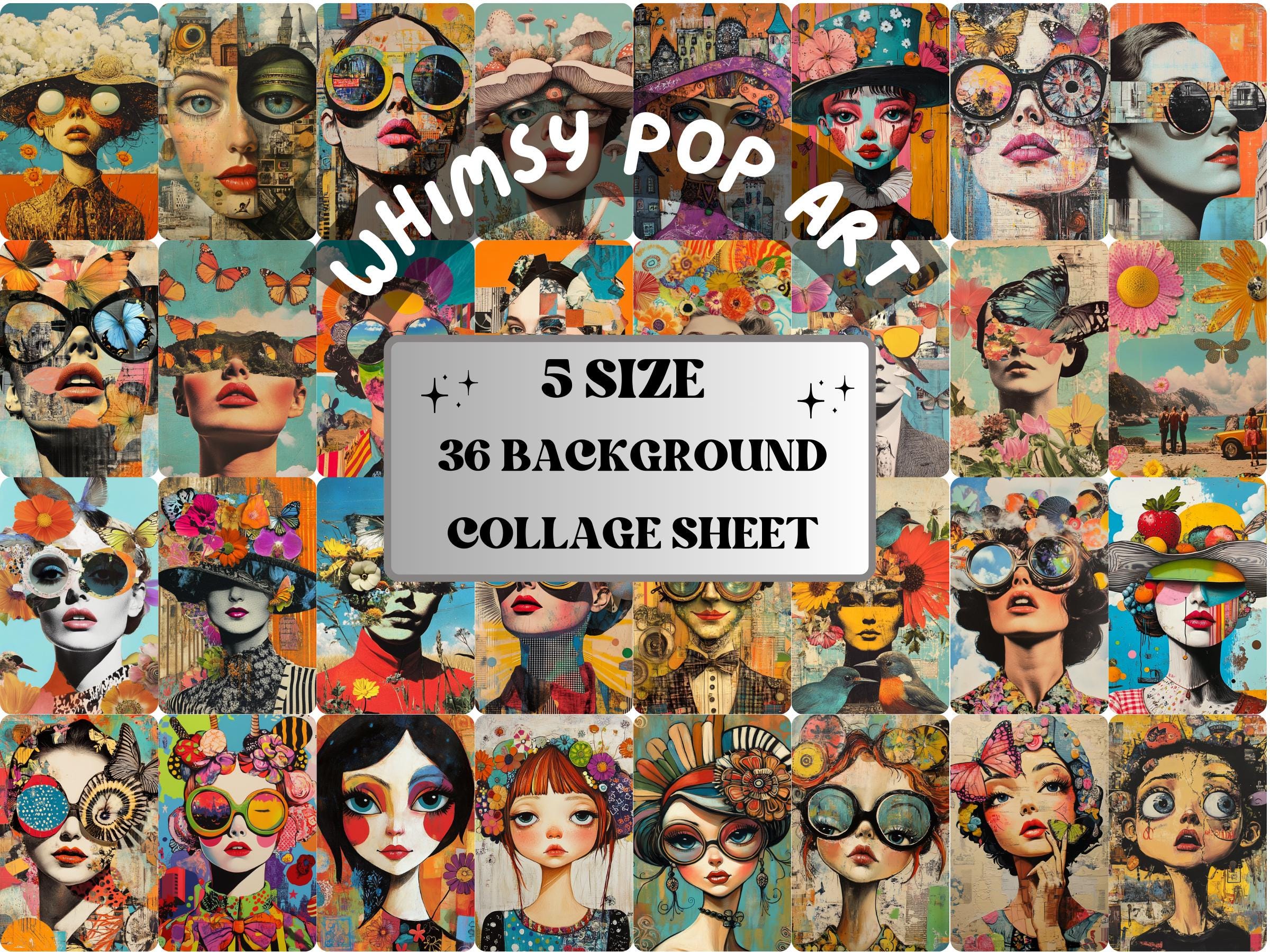 Whimsy Pop Art Collage Paper Kit, Surreal Background, Mixed Media Sheet, Whimsical Art Ephemera Images, Quirky Junk Journal, Scrapbook Paper