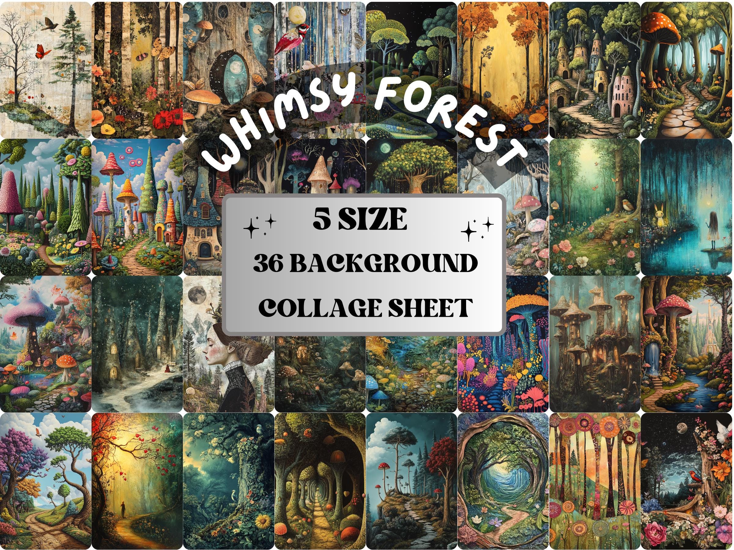 Whimsy Forest Collage Paper Kit, Surreal Forest Mixed Media Sheet, Whimsical Woodland Ephemera Images, Quirky Junk Journal, Scrapbook Paper