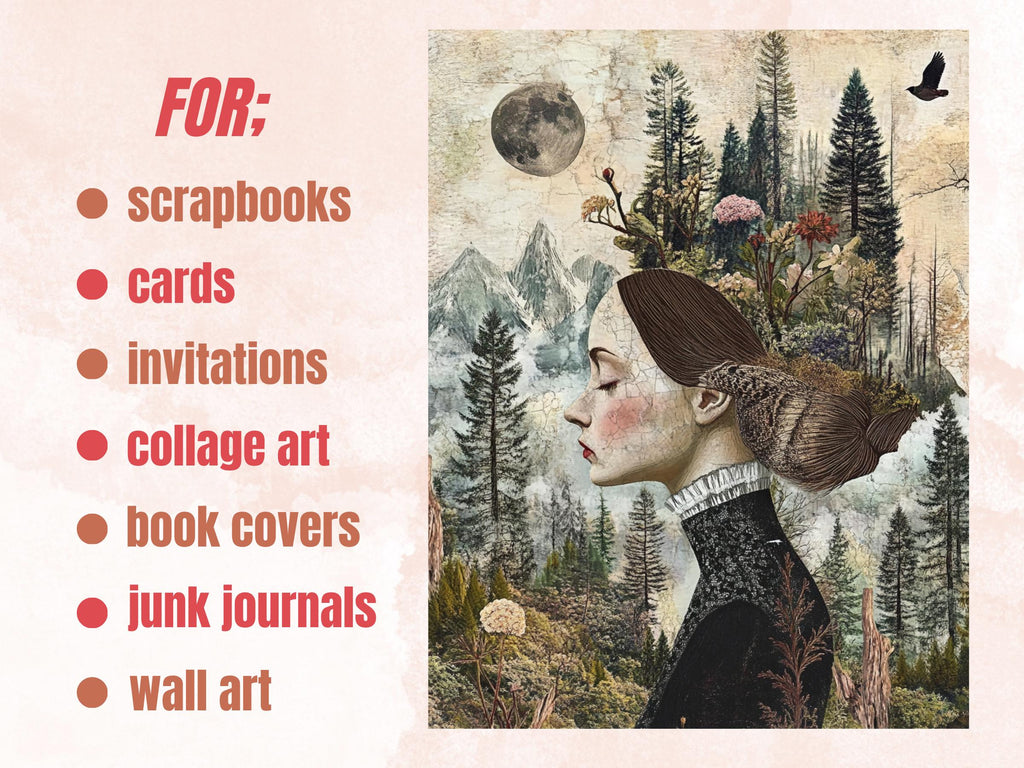 Whimsy Forest Collage Paper Kit, Surreal Forest Mixed Media Sheet, Whimsical Woodland Ephemera Images, Quirky Junk Journal, Scrapbook Paper