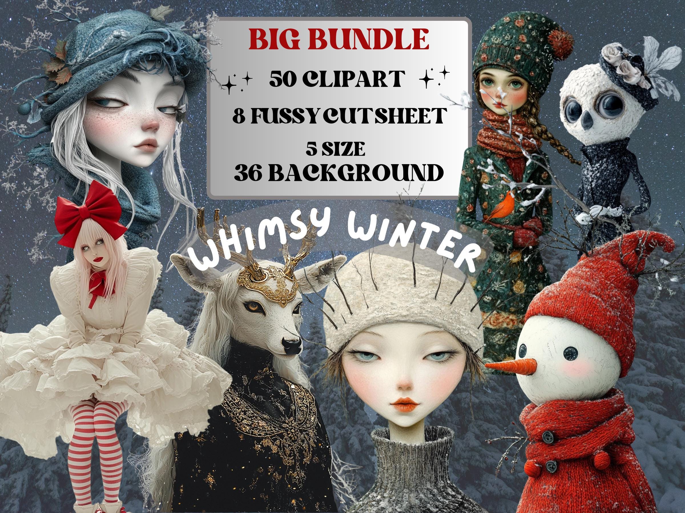 Whimsy Winter Collage Elements Kit, Whimsical Surreal Winter Fussy Cut, Quirky Weird People Clipart, Junk Journal, Clipart Background Bundle