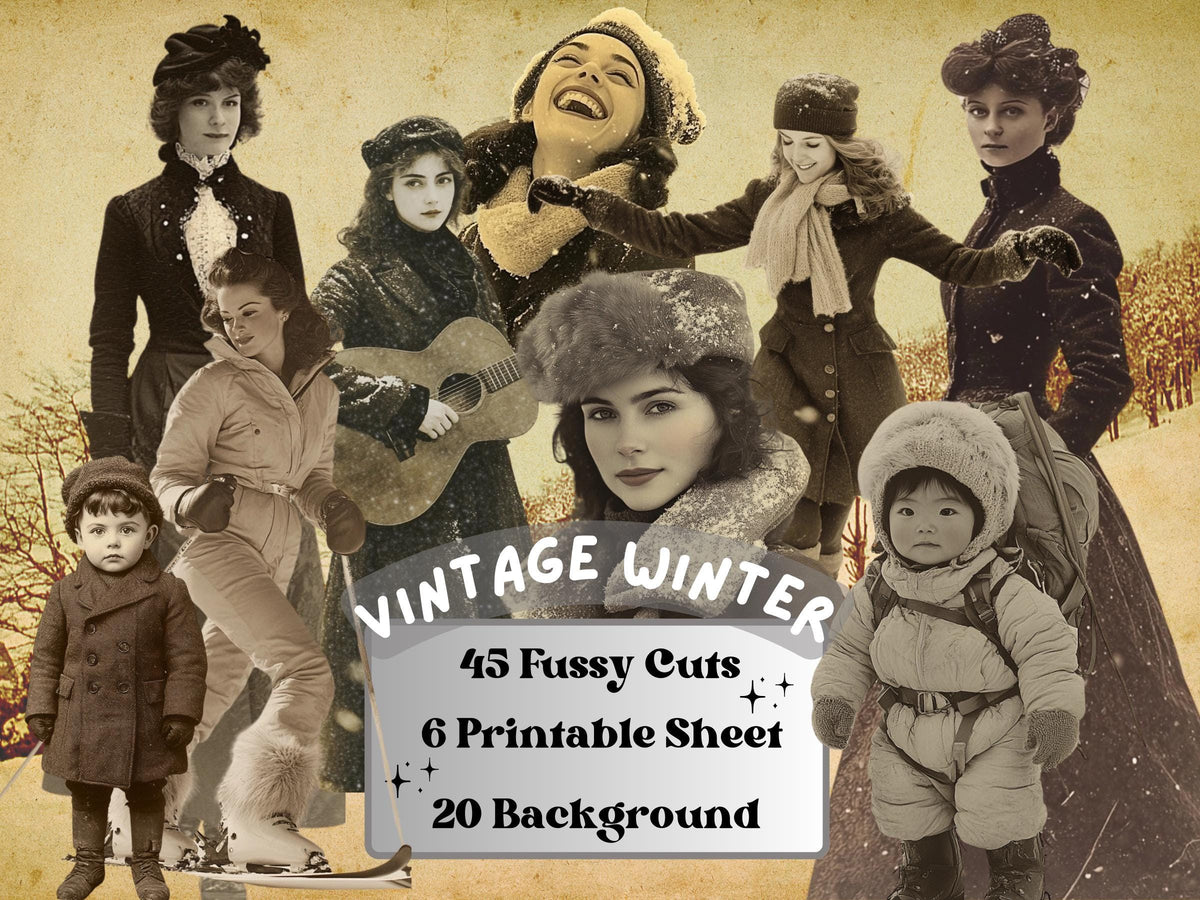 Vintage Winter Collage Kit, Whimsical Old Winter Ephemera, Retro Woman Sheet, Whimsy Junk Journal Fussy Cut Sheet + Background Bundle
