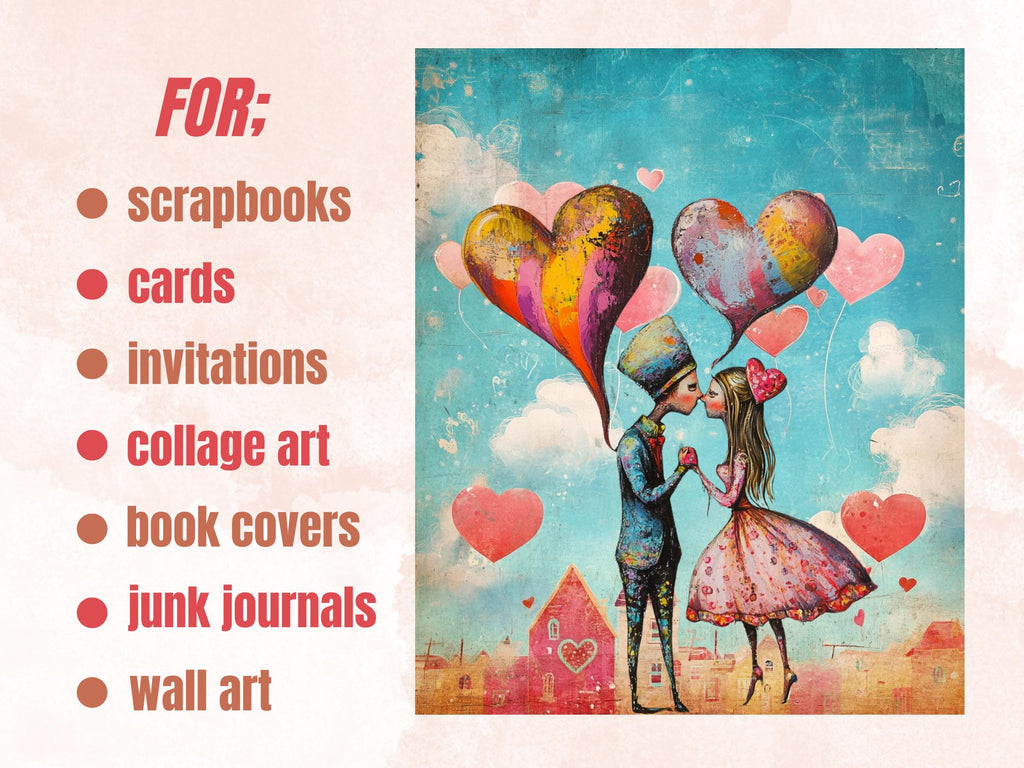 Whimsy Valentines Day Collage Elements Kit, Whimsical Love Fussy Cut, Quirky Weird People Clipart, Romantic Junk Journal, Clipart Background