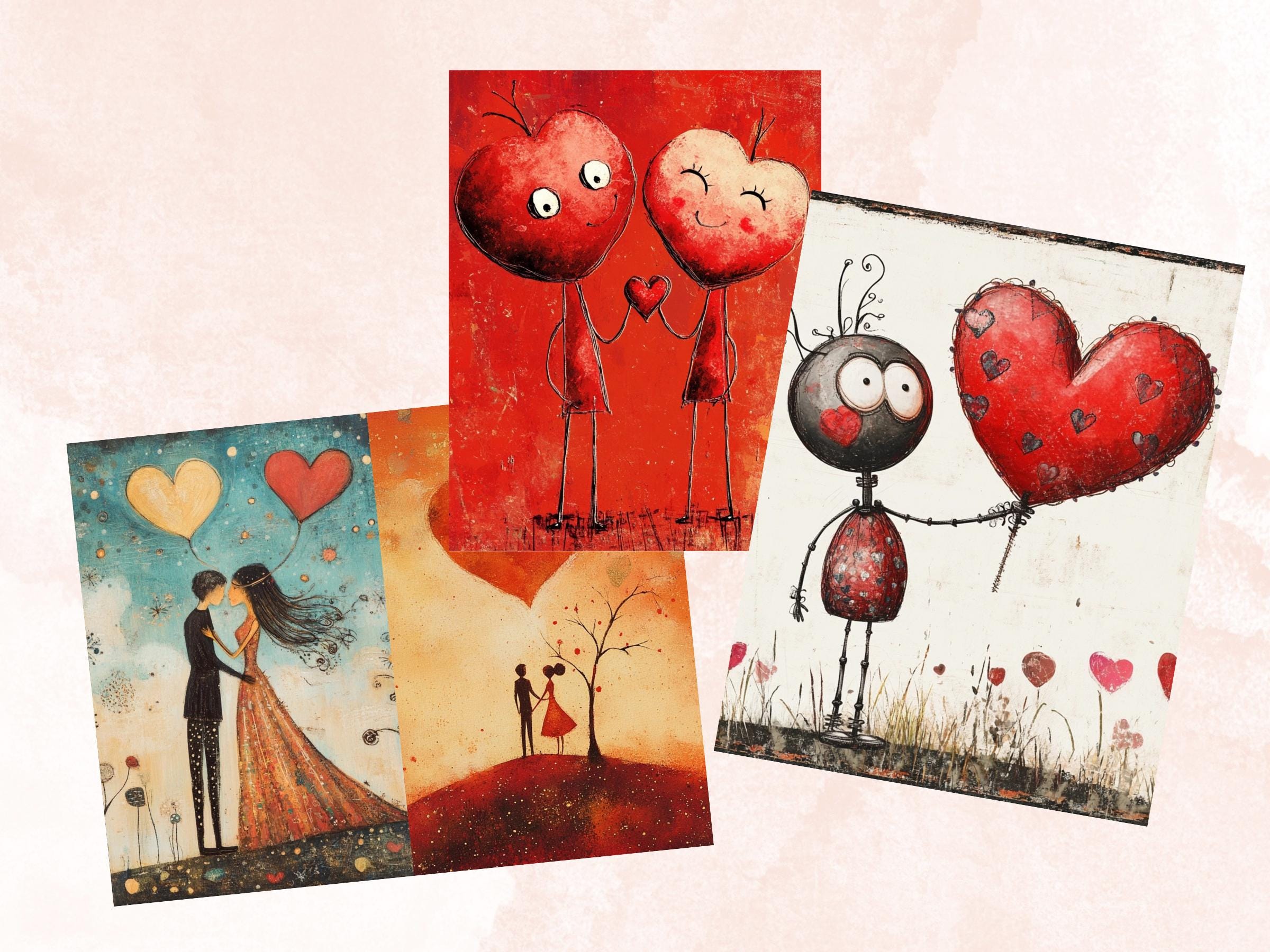 Whimsy Valentines Day Collage Elements Kit, Whimsical Love Fussy Cut, Quirky Weird People Clipart, Romantic Junk Journal, Clipart Background