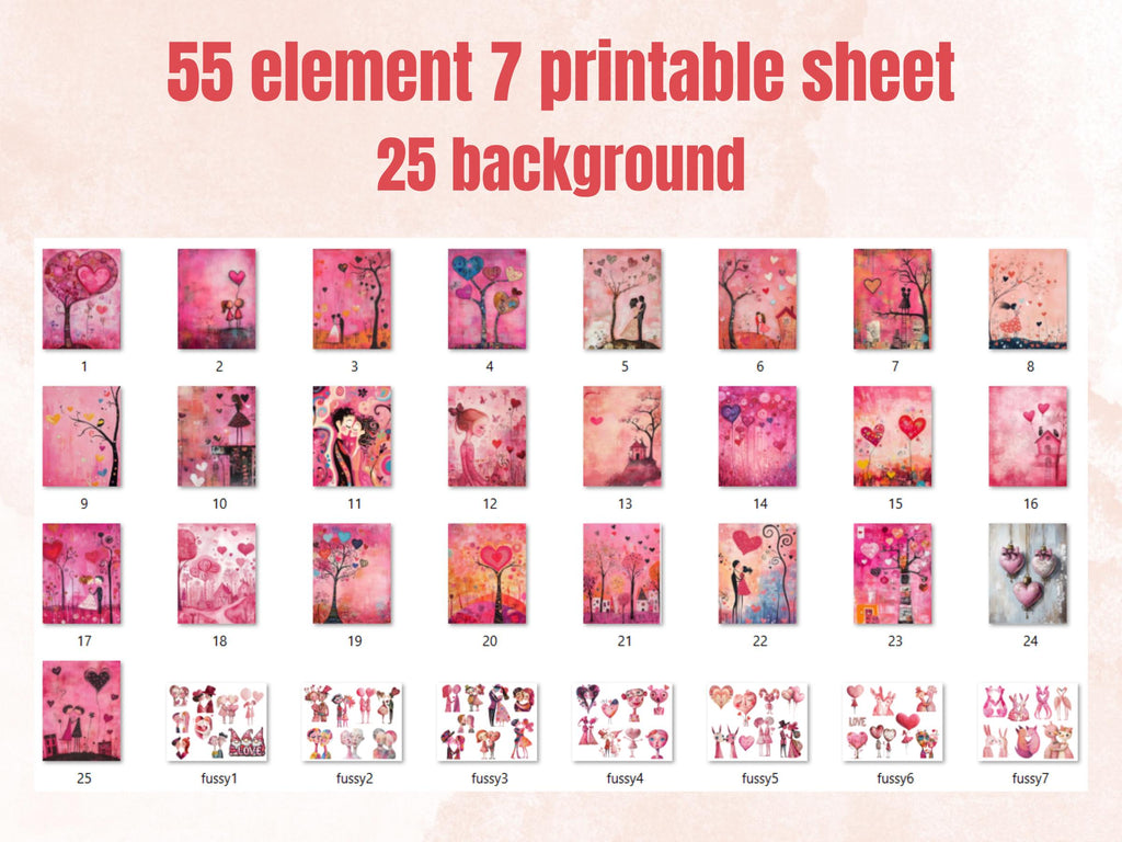 Pink Valentines Day Collage Kit, Whimsical Love Ephemera, Quirky Couple Sheet, Whimsy Junk Journal Fussy Cut Sheet + Background Bundle