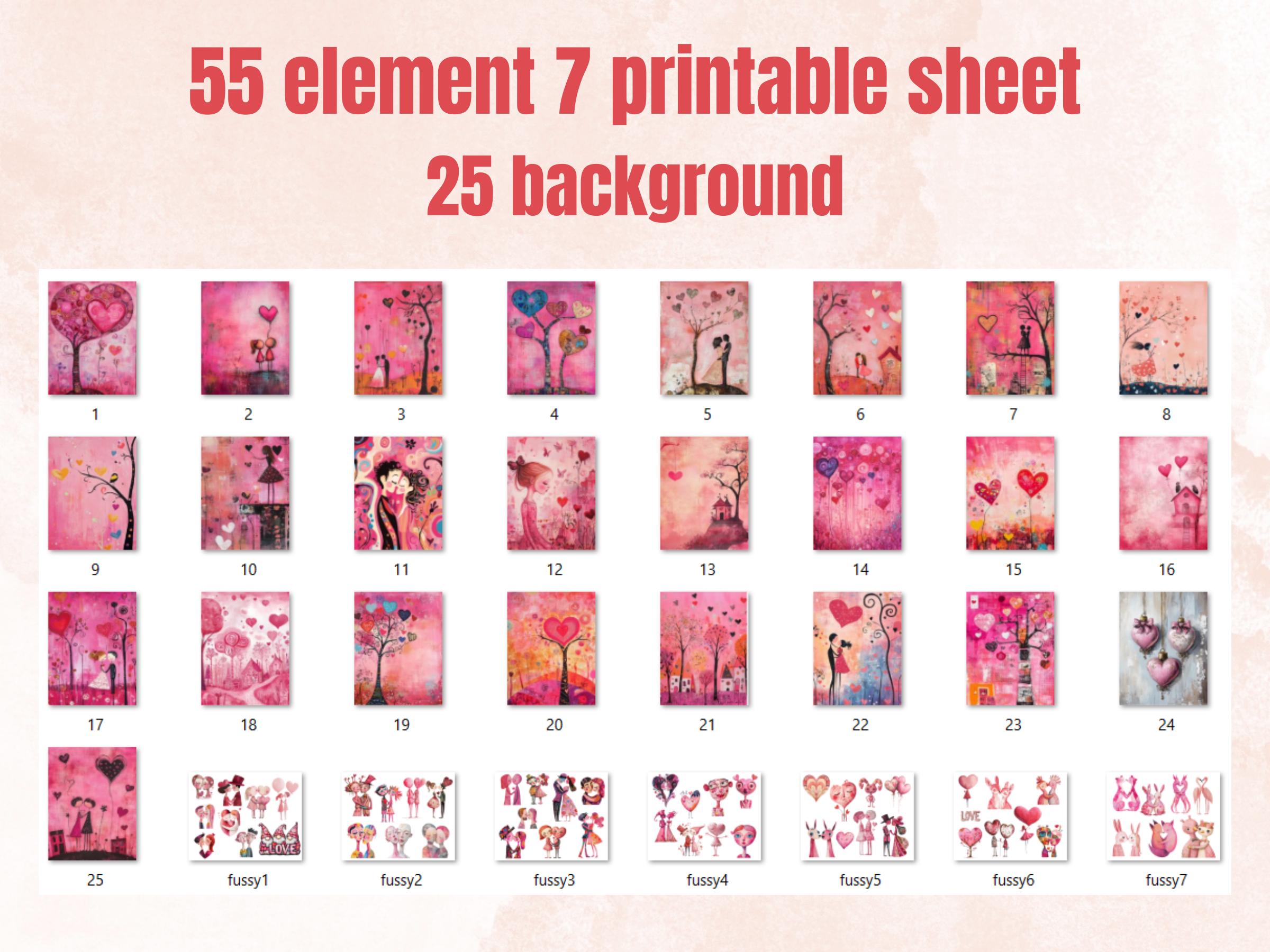 Pink Valentines Day Collage Kit, Whimsical Love Ephemera, Quirky Couple Sheet, Whimsy Junk Journal Fussy Cut Sheet + Background Bundle