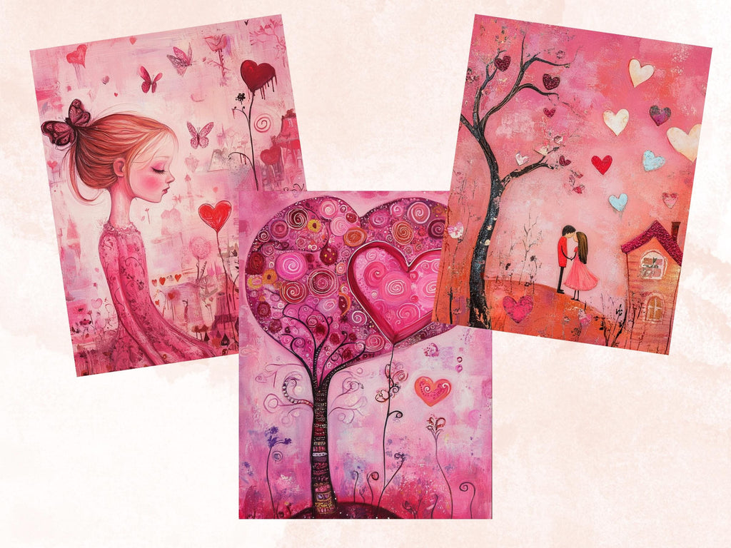 Pink Valentines Day Collage Kit, Whimsical Love Ephemera, Quirky Couple Sheet, Whimsy Junk Journal Fussy Cut Sheet + Background Bundle