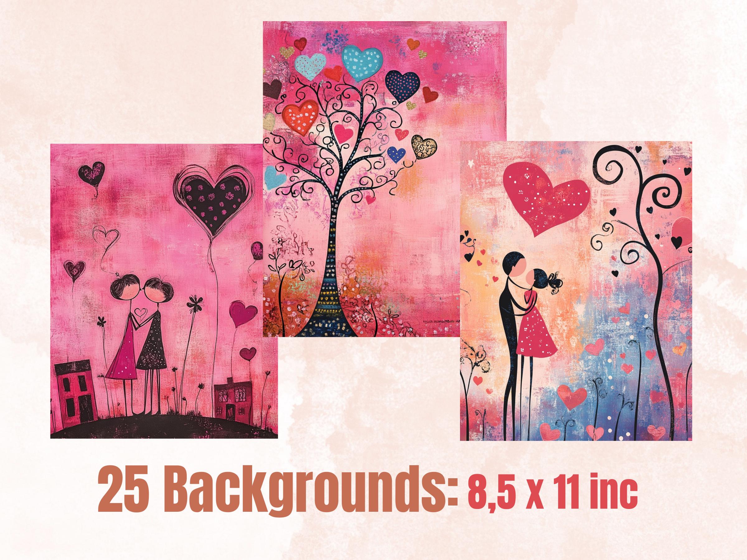 Pink Valentines Day Collage Kit, Whimsical Love Ephemera, Quirky Couple Sheet, Whimsy Junk Journal Fussy Cut Sheet + Background Bundle