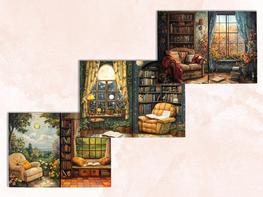 Cozy Reading Corner Junk Journal Kit, Comfy Reading Scenes Pages Ephemera, Relaxing Collage Sheet, Scrapbook Paper, Cozy Nook Background