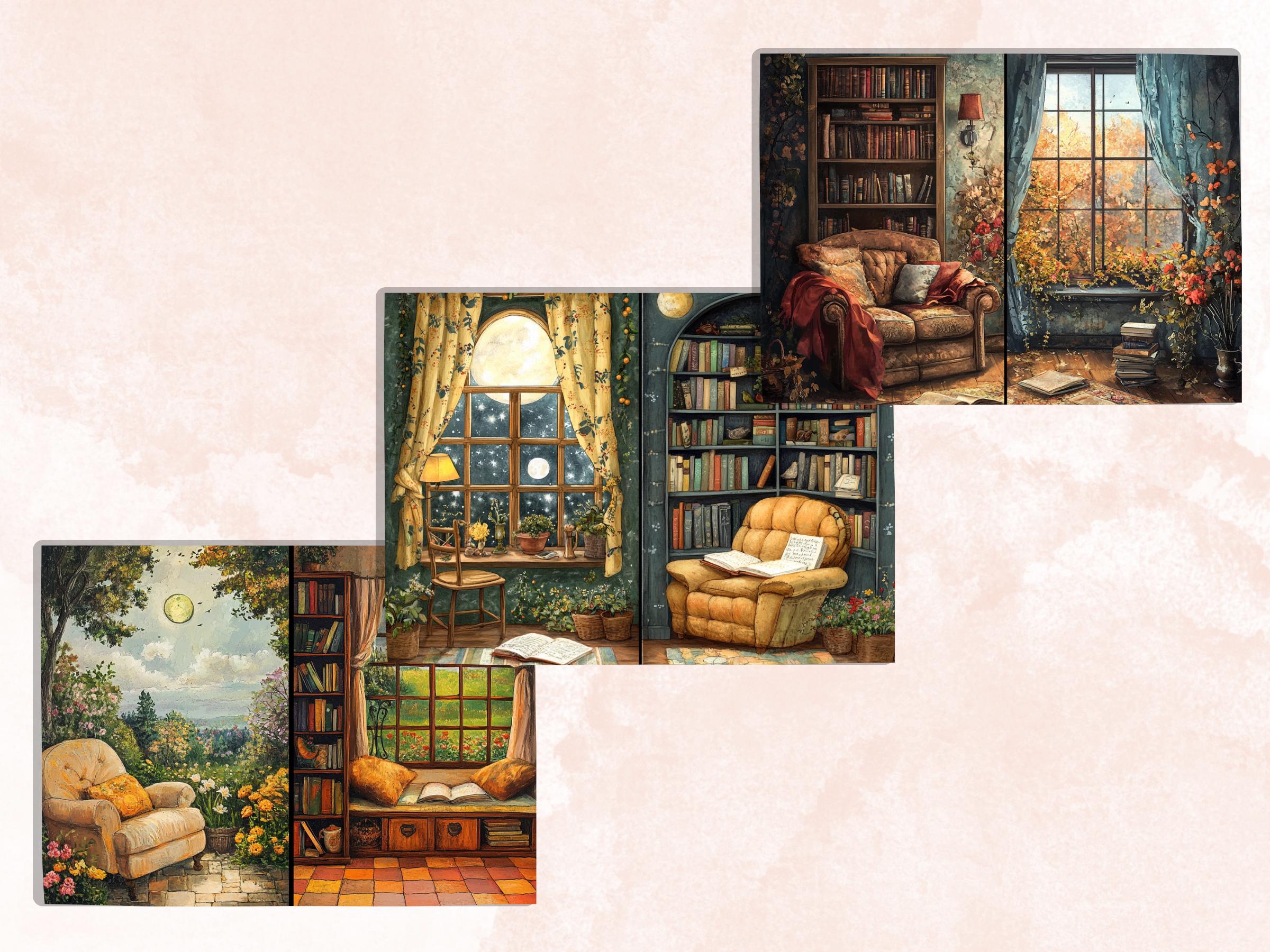 Cozy Reading Corner Junk Journal Kit, Comfy Reading Scenes Pages Ephemera, Relaxing Collage Sheet, Scrapbook Paper, Cozy Nook Background