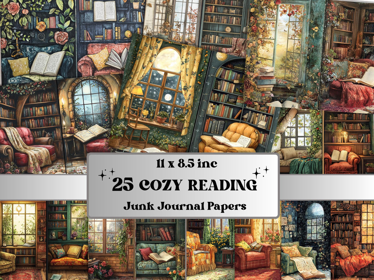 Cozy Reading Corner Junk Journal Kit, Comfy Reading Scenes Pages Ephemera, Relaxing Collage Sheet, Scrapbook Paper, Cozy Nook Background
