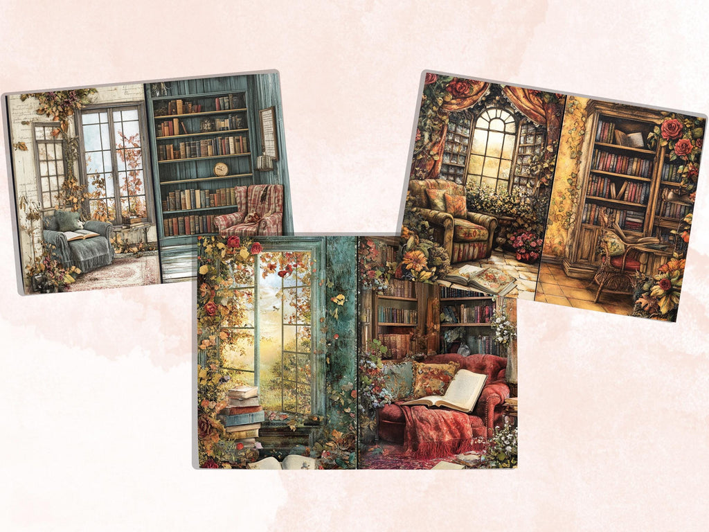 Cozy Reading Corner Junk Journal Kit, Comfy Reading Scenes Pages Ephemera, Relaxing Collage Sheet, Scrapbook Paper, Cozy Nook Background