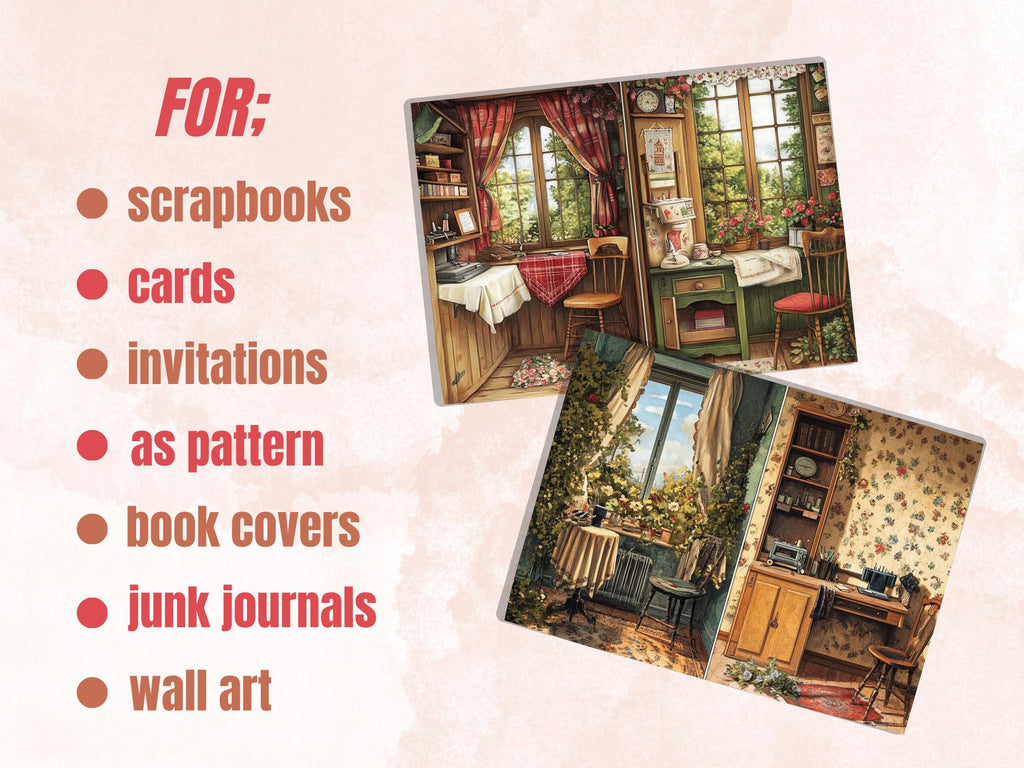 Cozy Sewing Corner Junk Journal Kit, Comfy Sewing Scenes Pages Ephemera, Relaxing Collage Sheet, Scrapbook Paper, Cozy Nook Background