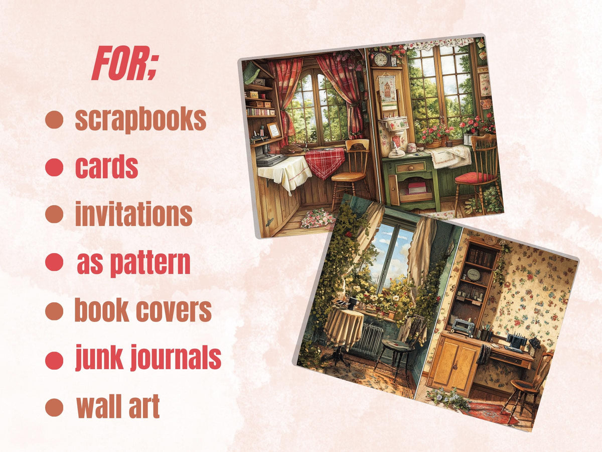 Cozy Sewing Corner Junk Journal Kit, Comfy Sewing Scenes Pages Ephemera, Relaxing Collage Sheet, Scrapbook Paper, Cozy Nook Background