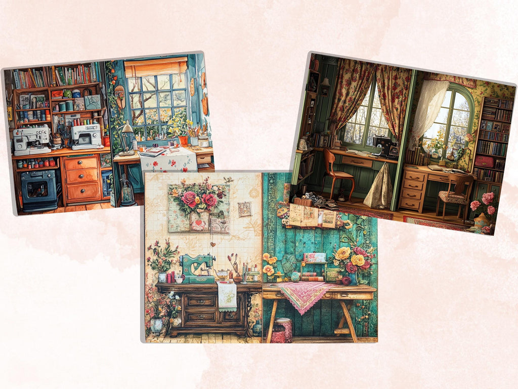 Cozy Sewing Corner Junk Journal Kit, Comfy Sewing Scenes Pages Ephemera, Relaxing Collage Sheet, Scrapbook Paper, Cozy Nook Background