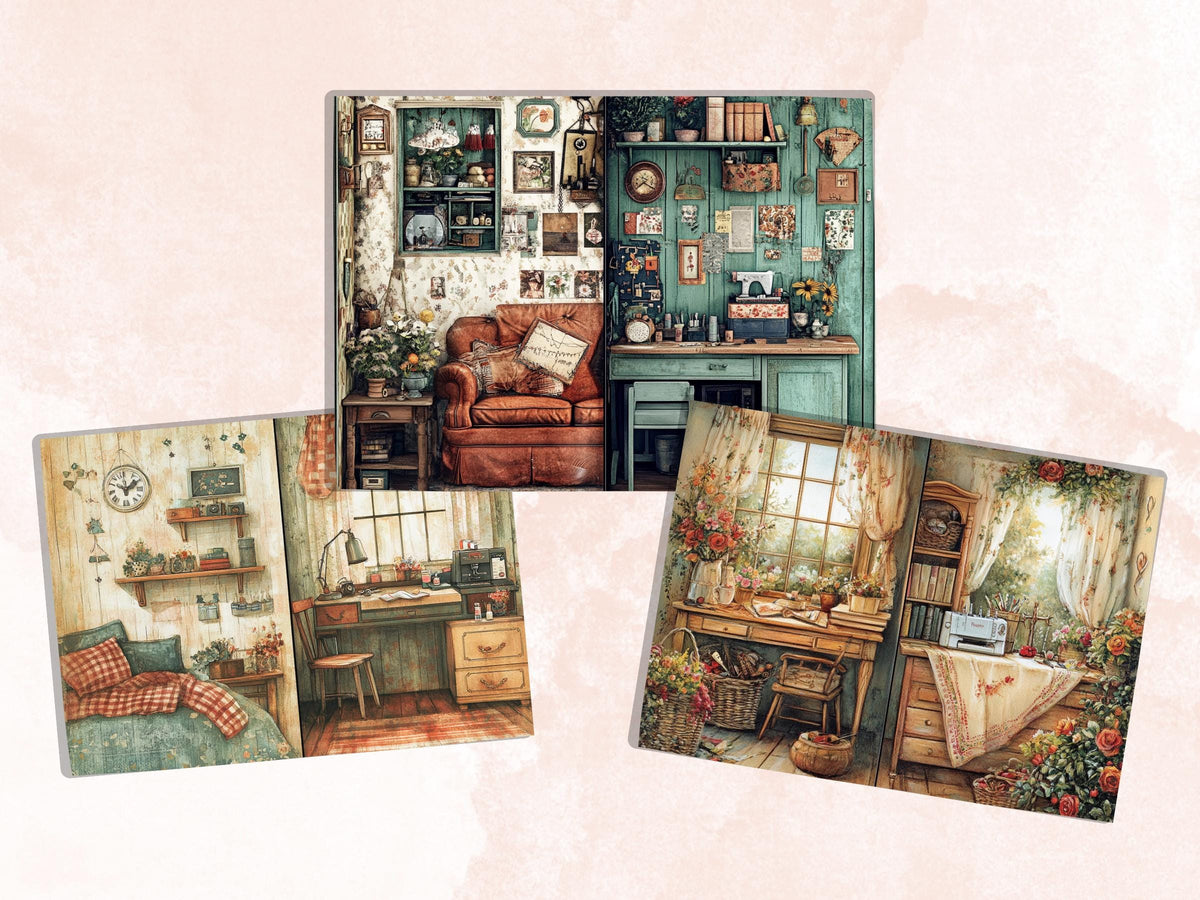 Cozy Sewing Corner Junk Journal Kit, Comfy Sewing Scenes Pages Ephemera, Relaxing Collage Sheet, Scrapbook Paper, Cozy Nook Background