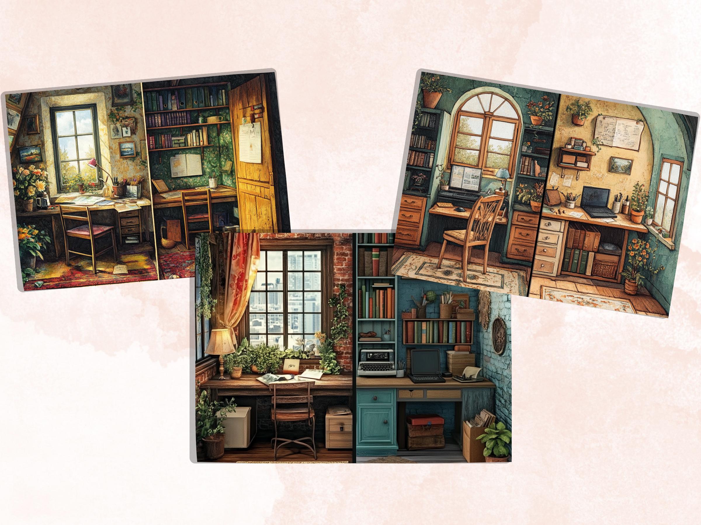 Cozy Working Corner Junk Journal Kit, Home Office Scenes Pages Ephemera, Relaxing Collage Sheet, Scrapbook Paper, Cozy Nook Background