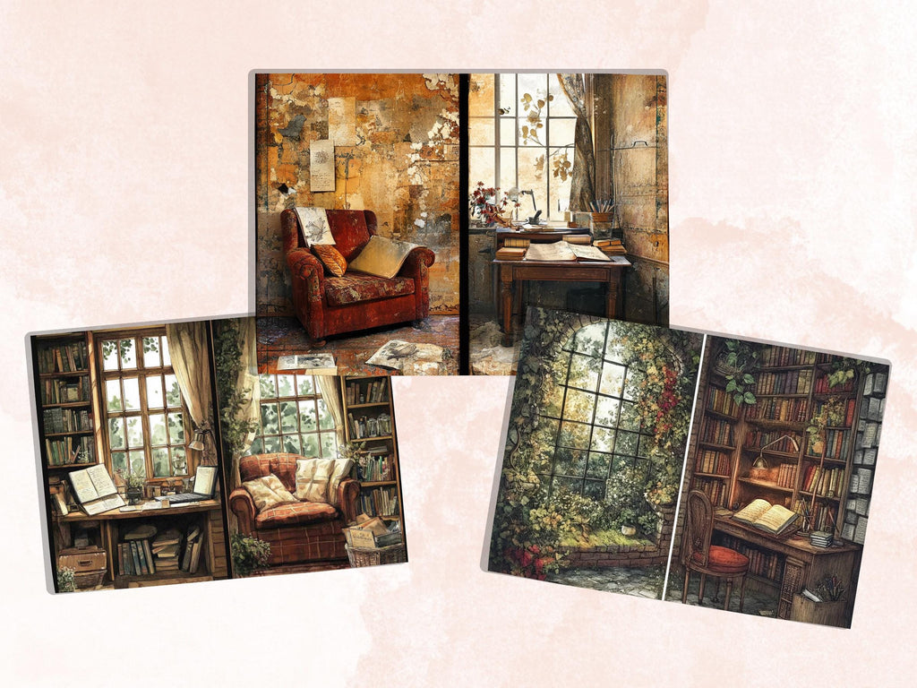 Cozy Writting Corner Junk Journal Kit, Cozy Writting Scenes Pages Ephemera, Relaxing Collage Sheet, Scrapbook Paper, Comfy Nook Background