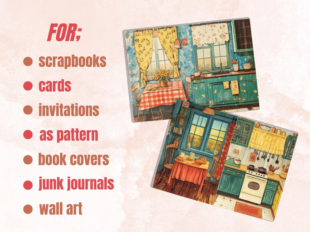 Cozy Kitchen Corner Junk Journal Kit, Country Kitchen Scenes Pages Ephemera, Relaxing Collage Sheet, Scrapbook Paper, Cozy Nook Background
