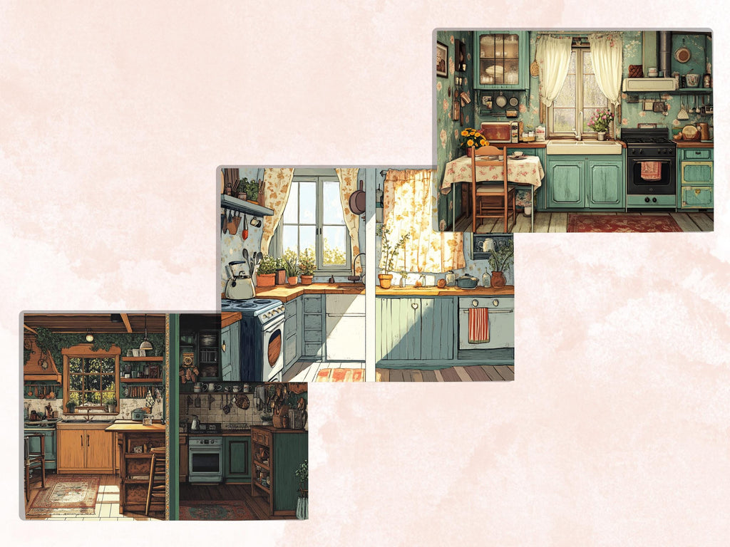 Cozy Kitchen Corner Junk Journal Kit, Country Kitchen Scenes Pages Ephemera, Relaxing Collage Sheet, Scrapbook Paper, Cozy Nook Background