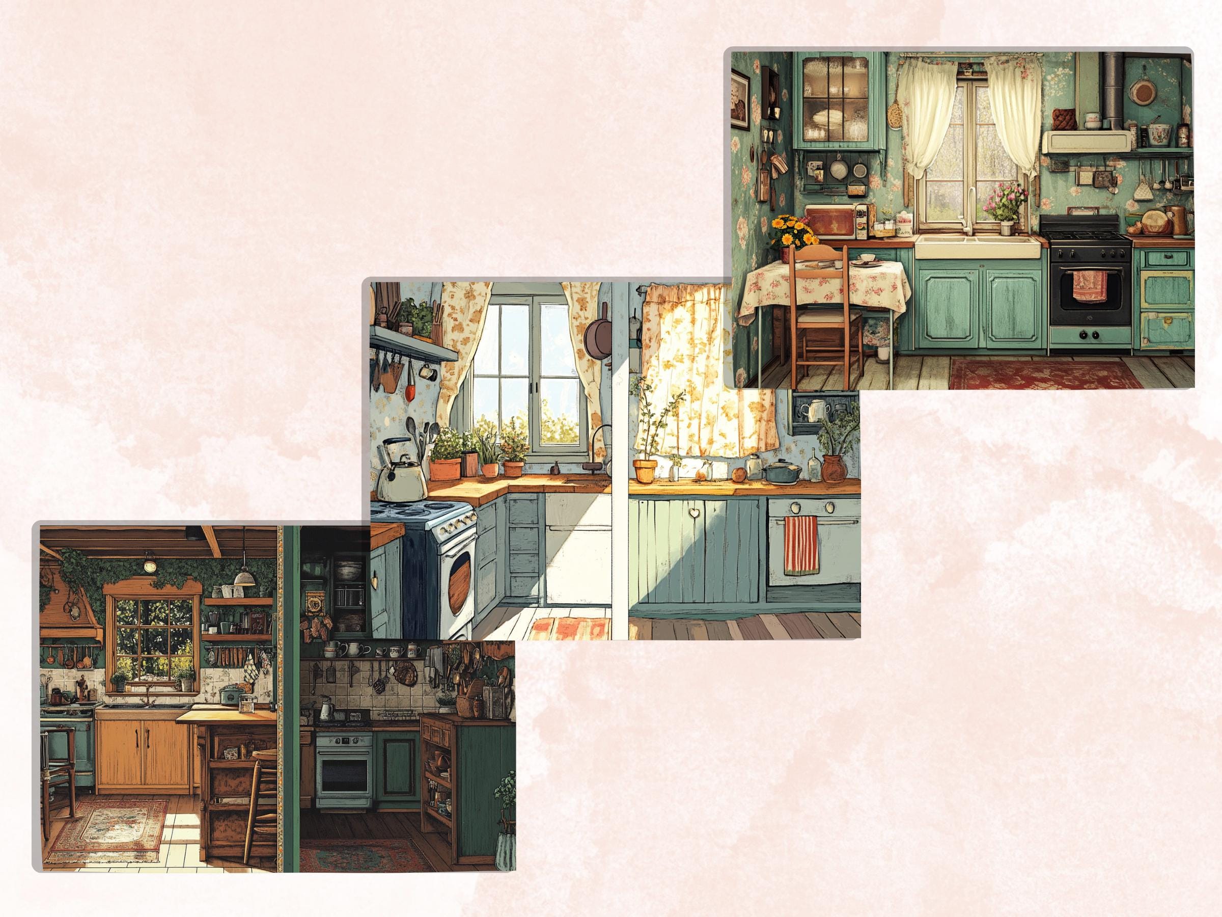 Cozy Kitchen Corner Junk Journal Kit, Country Kitchen Scenes Pages Ephemera, Relaxing Collage Sheet, Scrapbook Paper, Cozy Nook Background